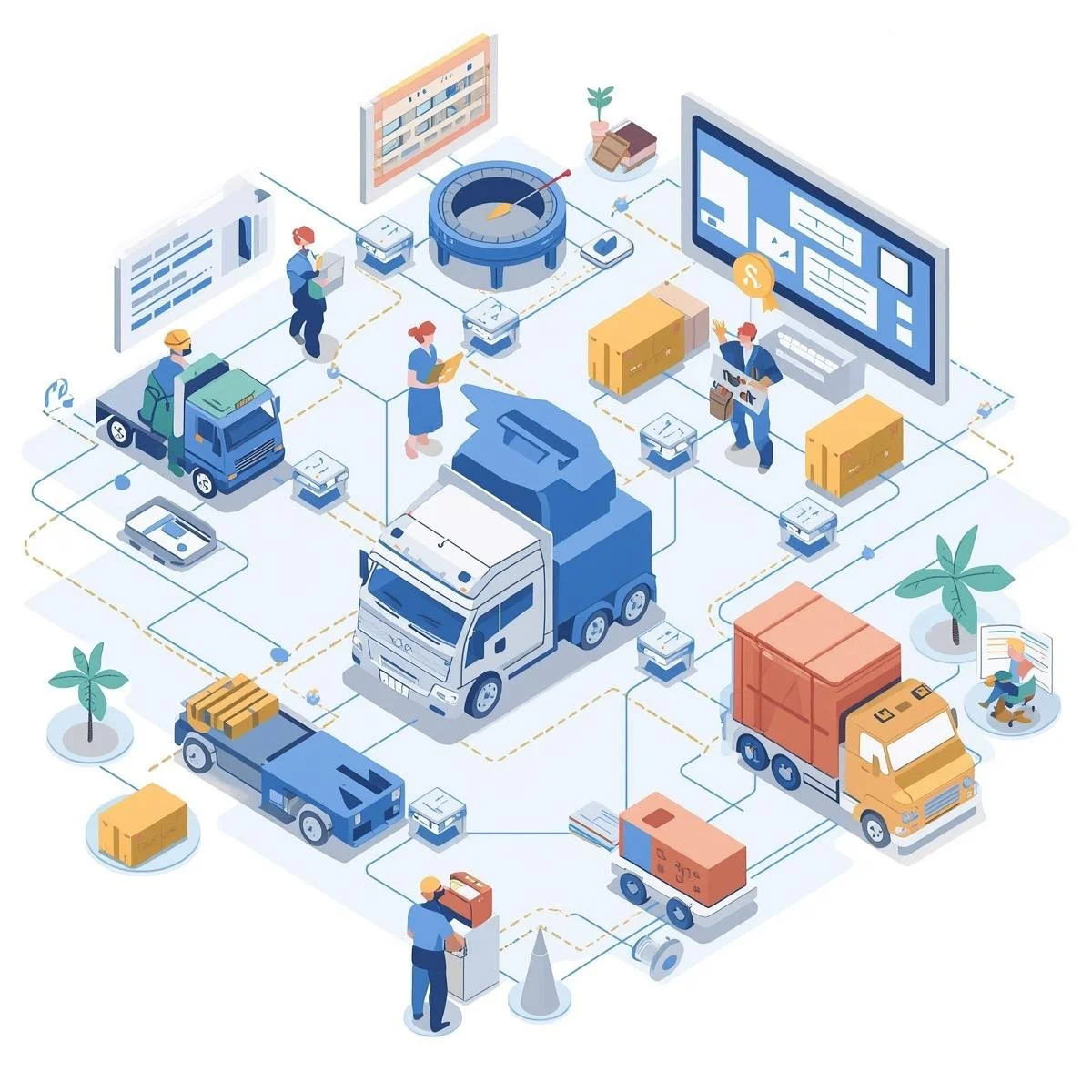 Illustration of a logistics and supply chain process with trucks, workers, shipments, and digital interfaces.