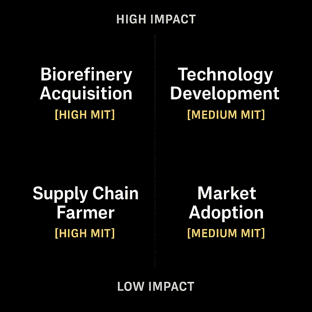 A four-quadrant chart with impact level on the vertical axis from low to high and four areas labeled: 'Biorefinery Acquisition' and 'Supply Chain Farmer' with high impact, and 'Technology Development' and 'Market Adoption' with medium impact.