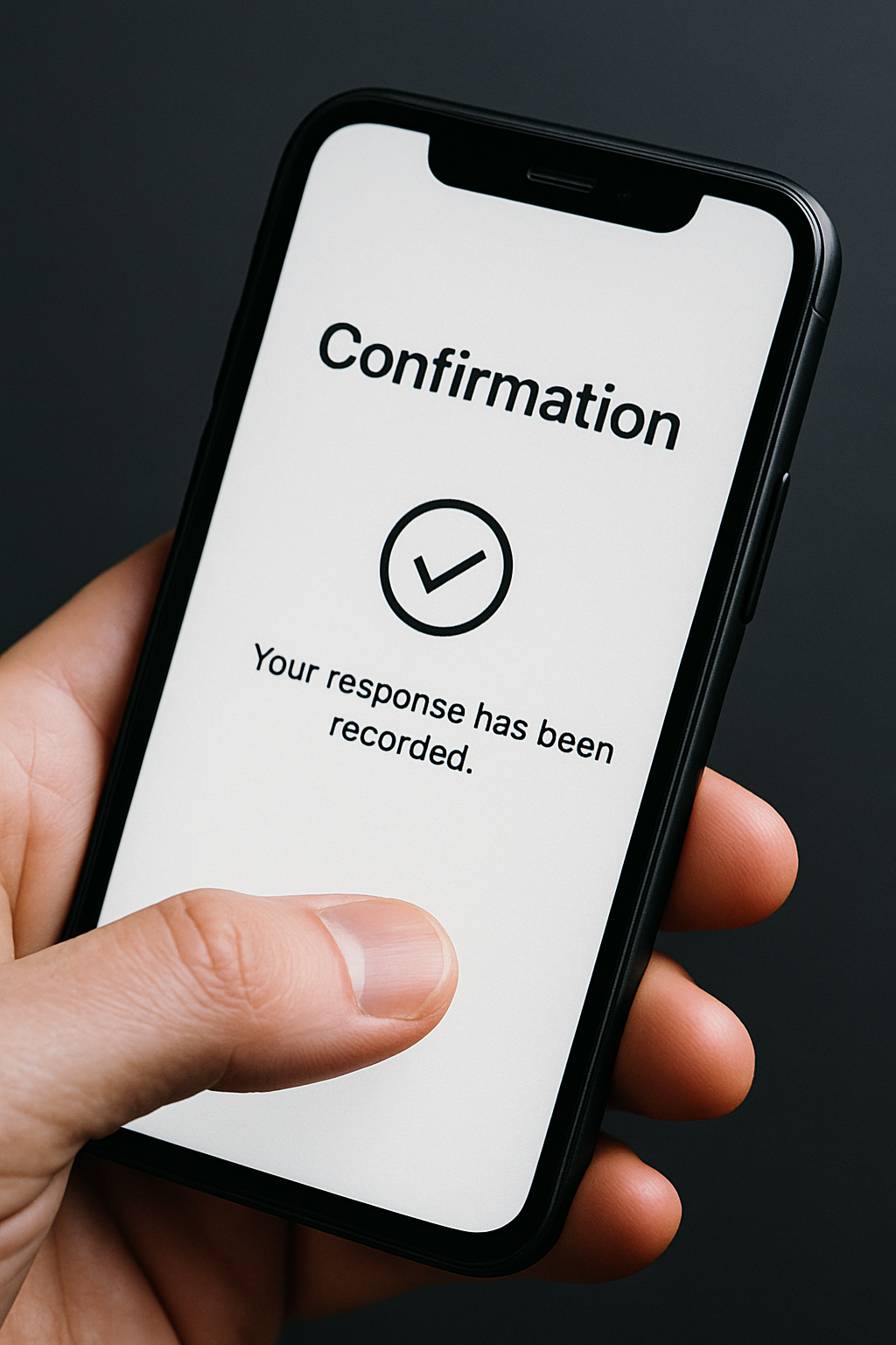 A smartphone displaying a confirmation message with a check mark, indicating that a response has been recorded.