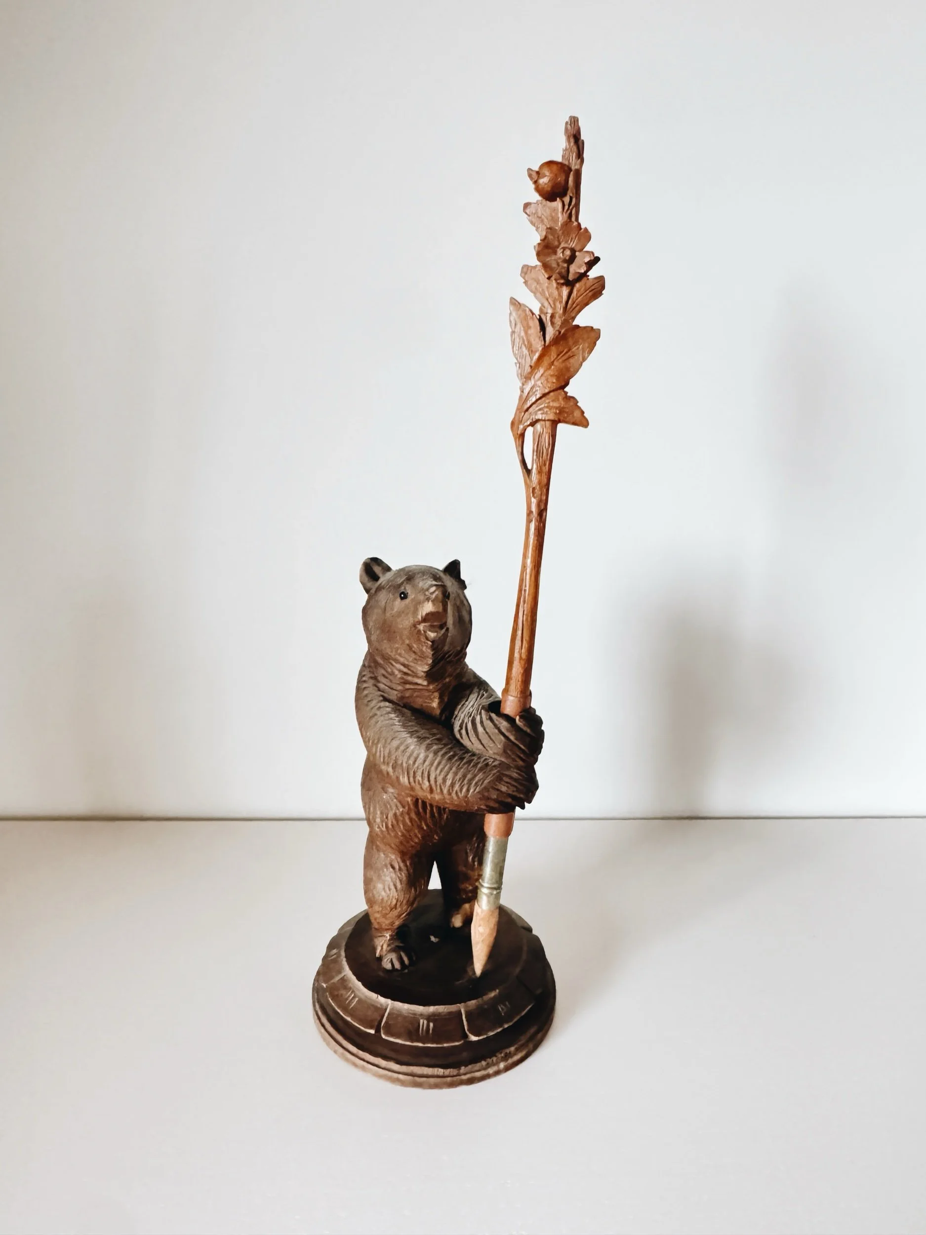 antique black forest hand carved wooden bear statue pen holder or vase