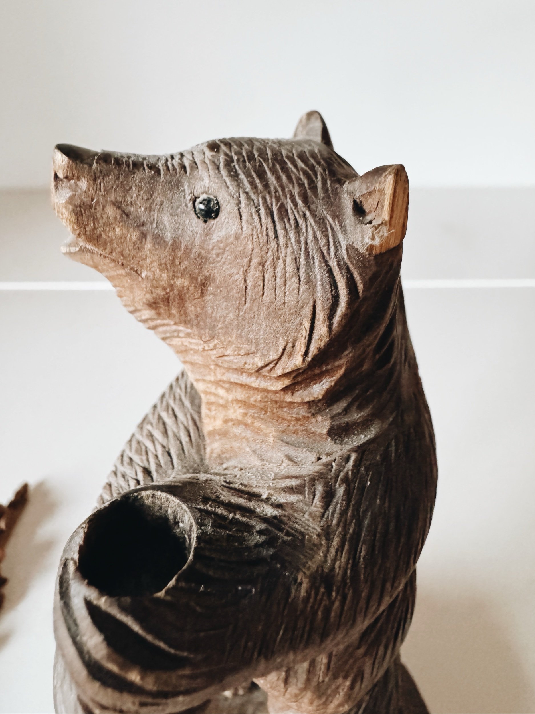 antique black forest hand carved wooden bear statue pen holder or vase