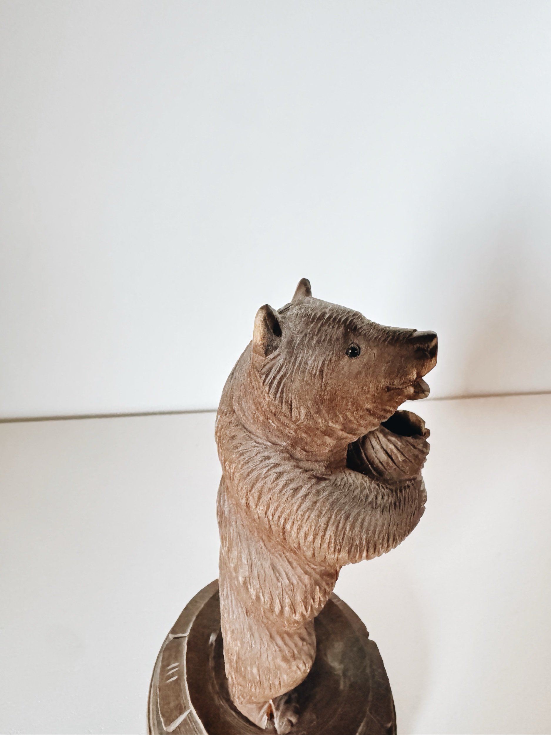 antique black forest hand carved wooden bear statue pen holder or vase