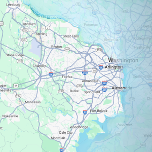 Map of the Washington, D.C. area including nearby cities such as Arlington, Alexandria, Silver Spring, and Bethesda, showing highways, roads, and bodies of water.