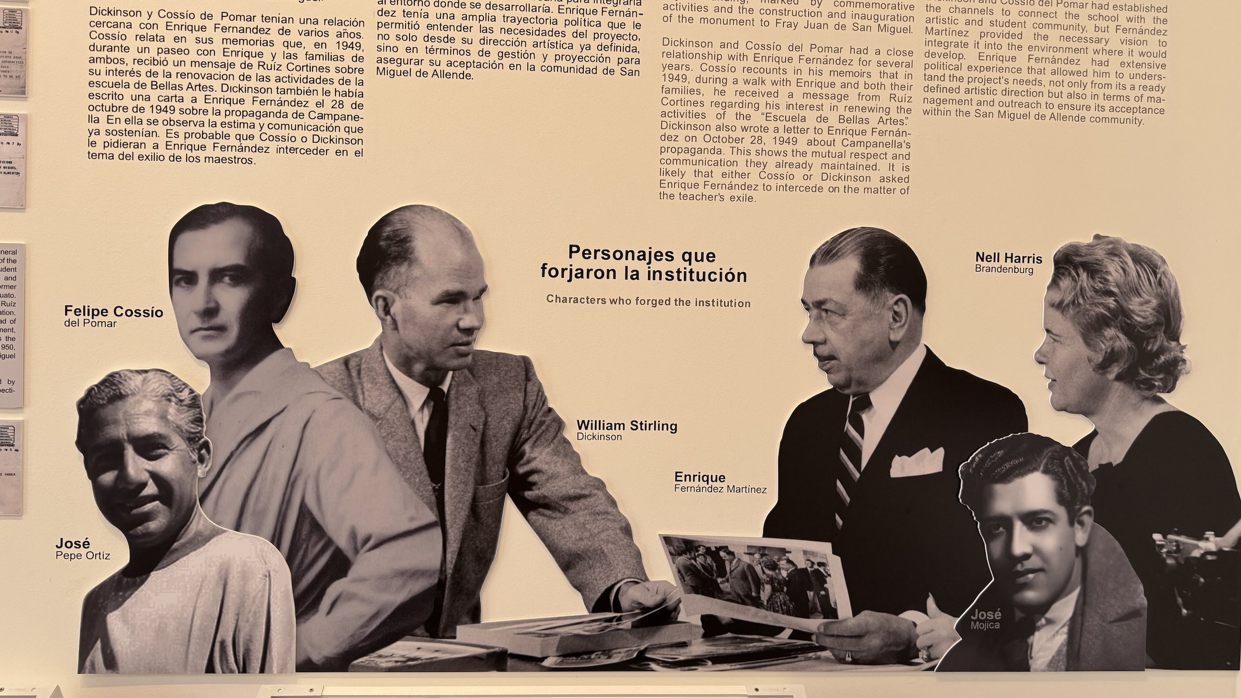 Historic photo of Stirling Dickinson with Felipe Cossío del Pomar, José “Pepe” Ortiz, Enrique Fernández Martínez, and Nell Harris Brandenburg in San Miguel de Allende.
