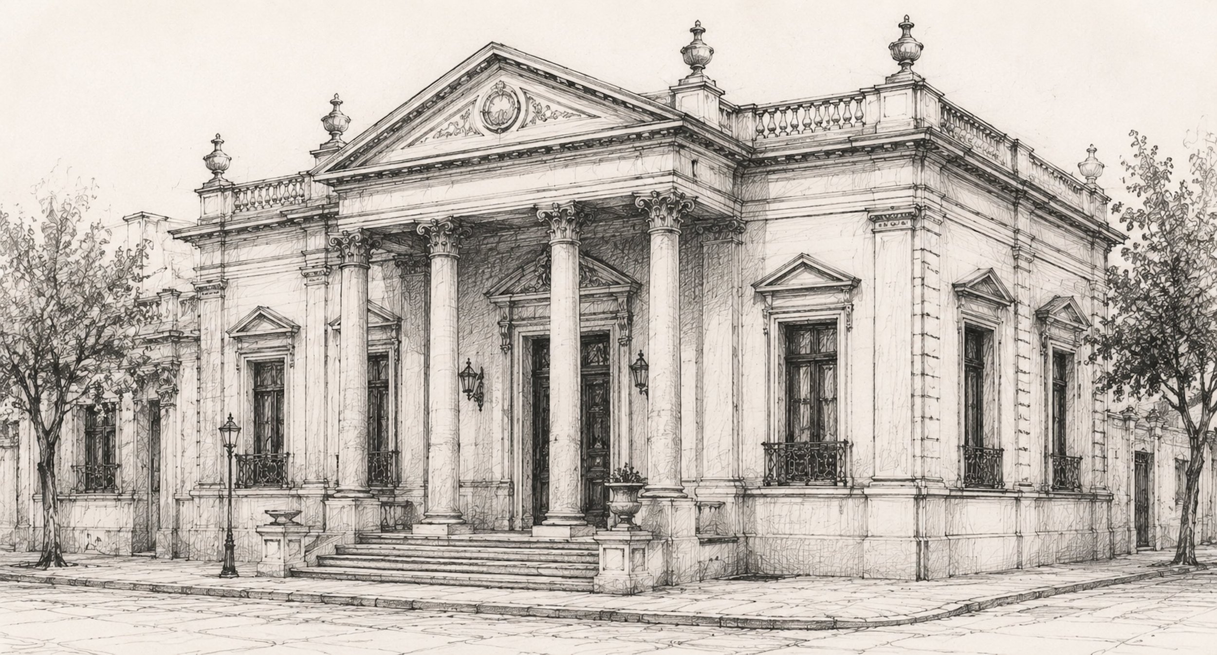 Sketch of Neoclassical architecture featuring a symmetrical building with classical columns, a pediment, and balanced proportions.