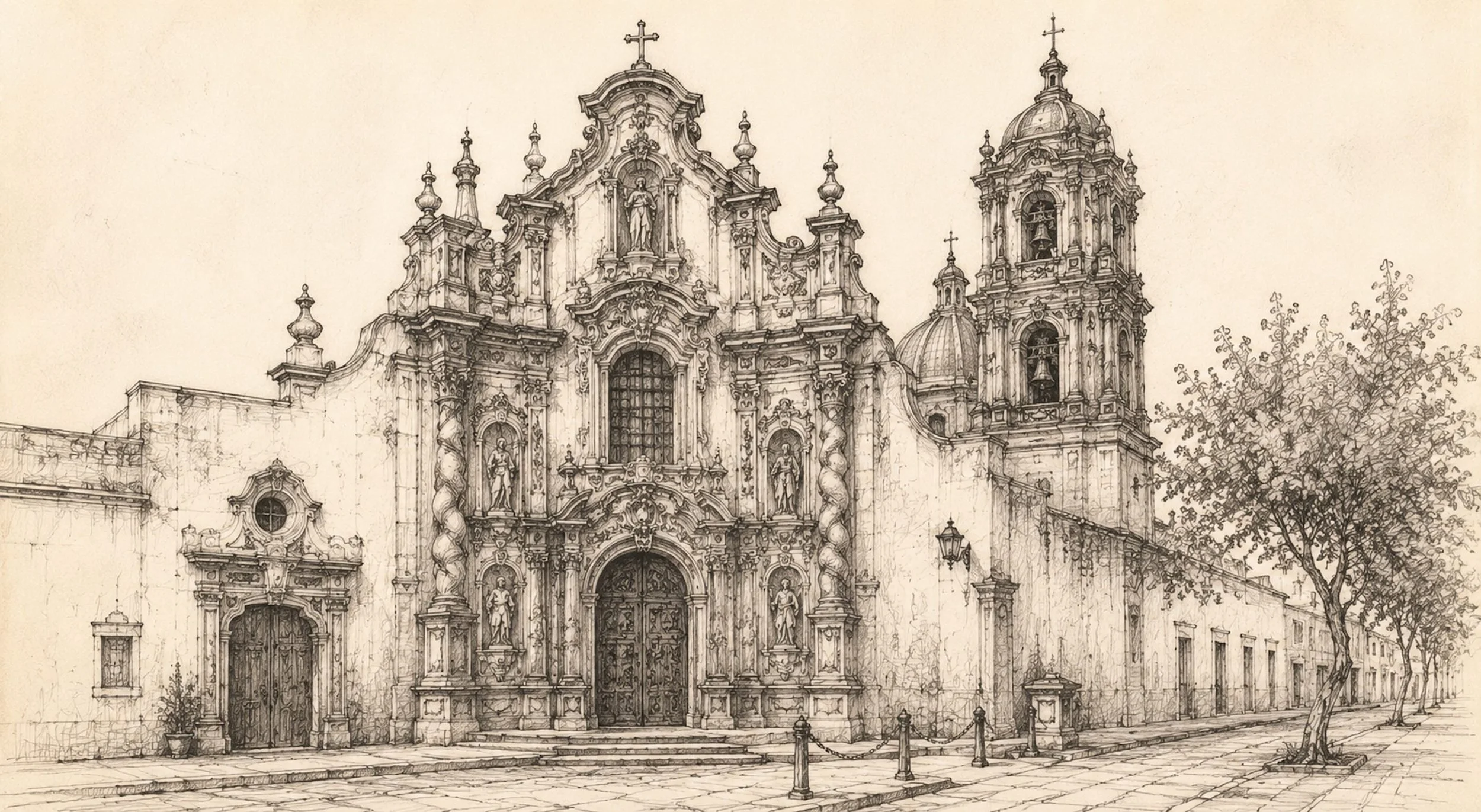 Sketch of Baroque architecture featuring an ornate church façade with carved stone details, decorative columns, statues, and a bell tower.