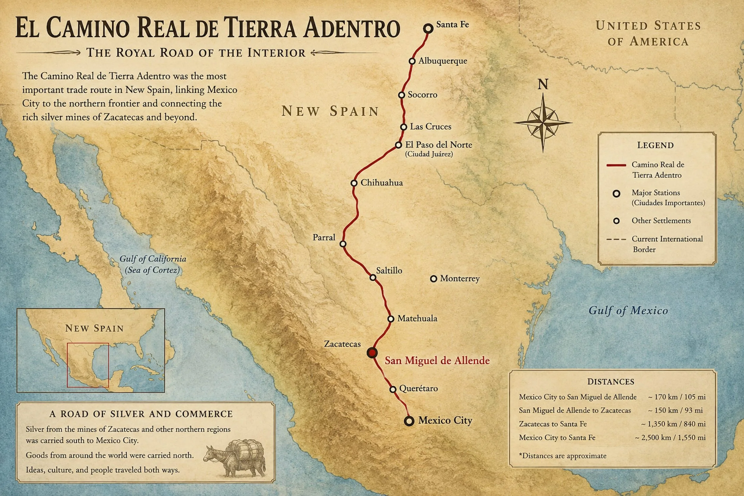Map of the Camino Real de Tierra Adentro showing the historic trade route through San Miguel de Allende.
