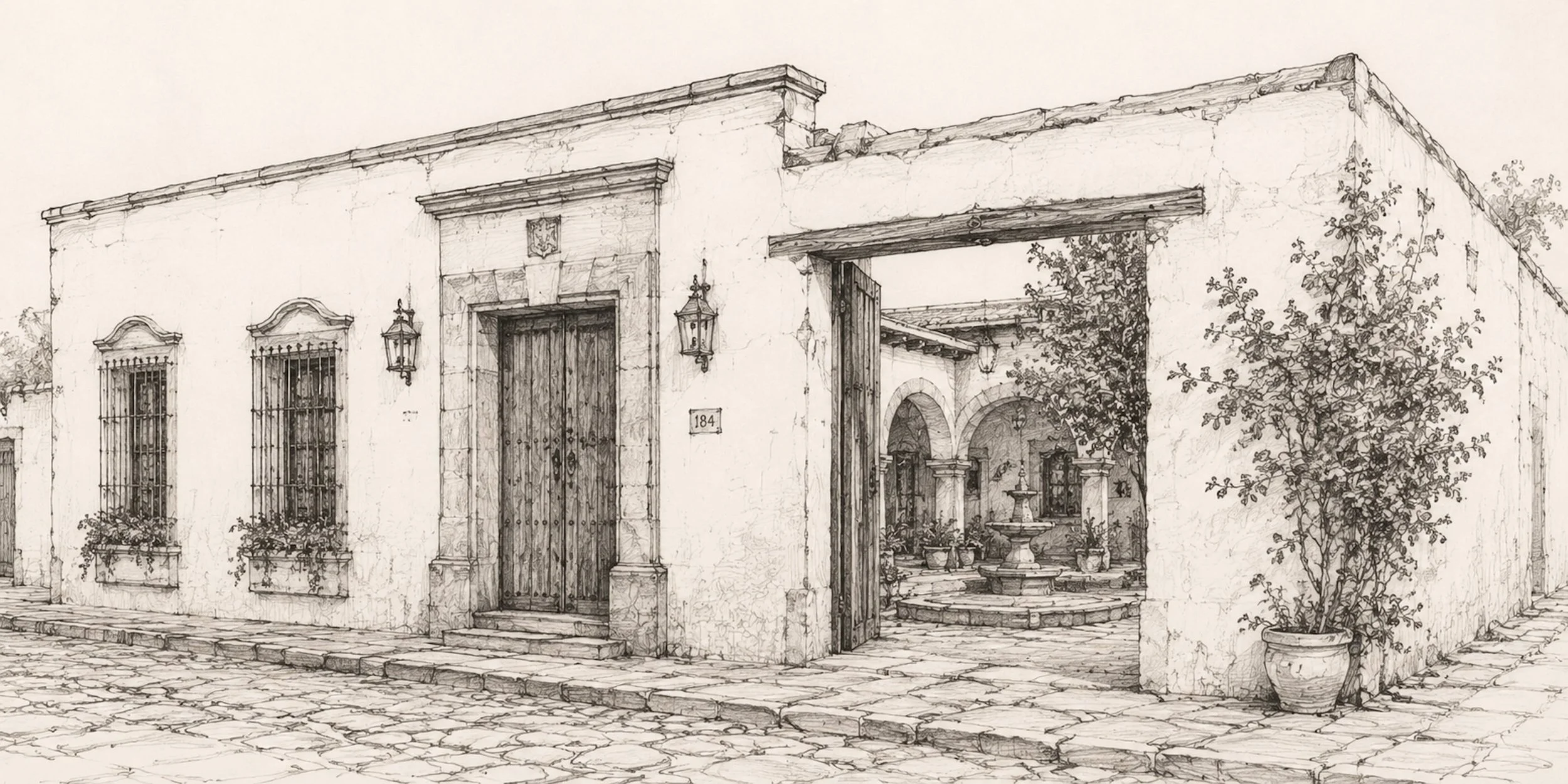 Sketch of Spanish Colonial architecture showing a traditional courtyard home in San Miguel de Allende.