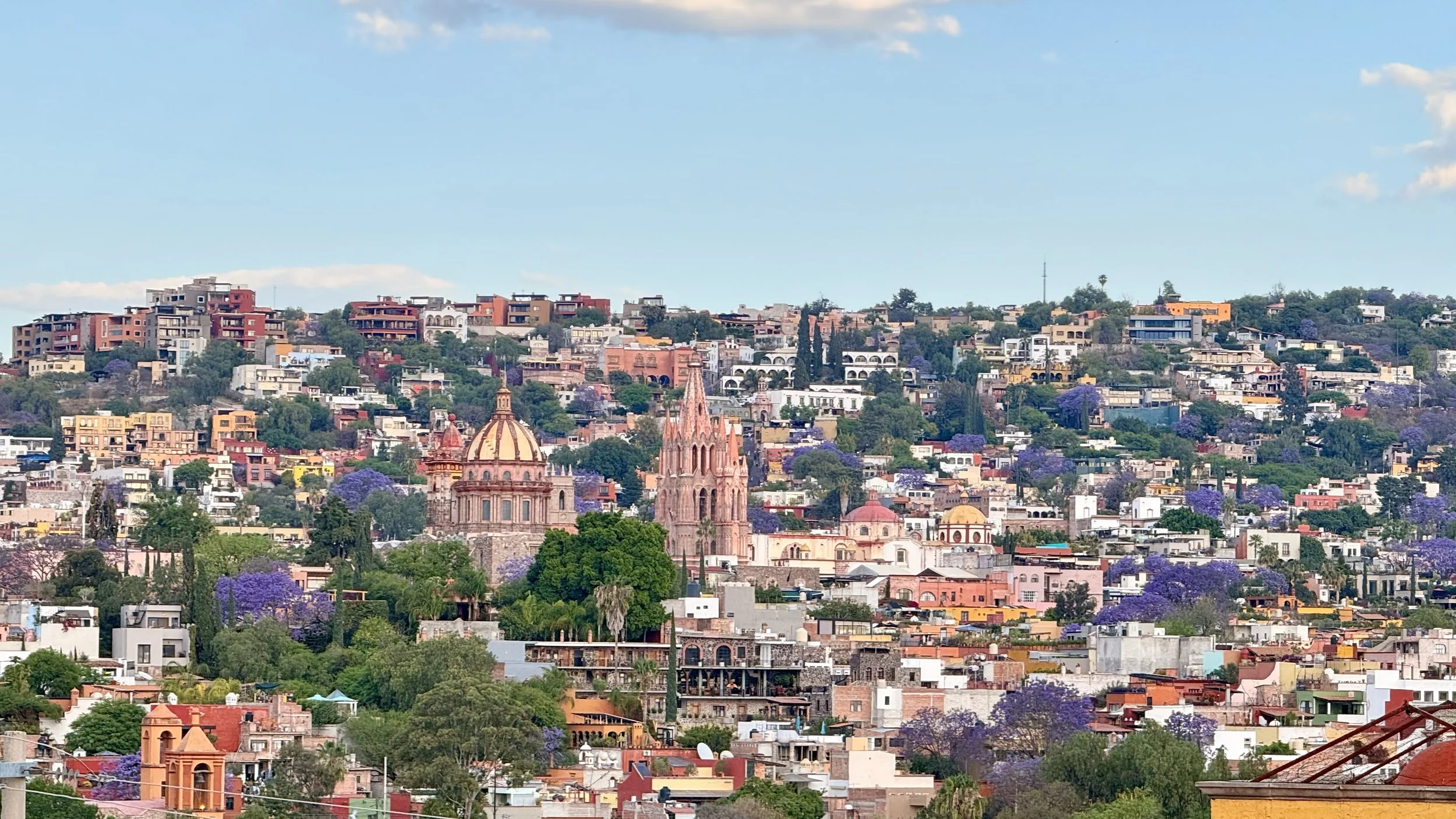 Panoramic view of San Miguel de Allende from a hillside overlooking the colorful city rooftops and the Parroquia de San Miguel Arcángel rising in the distance.