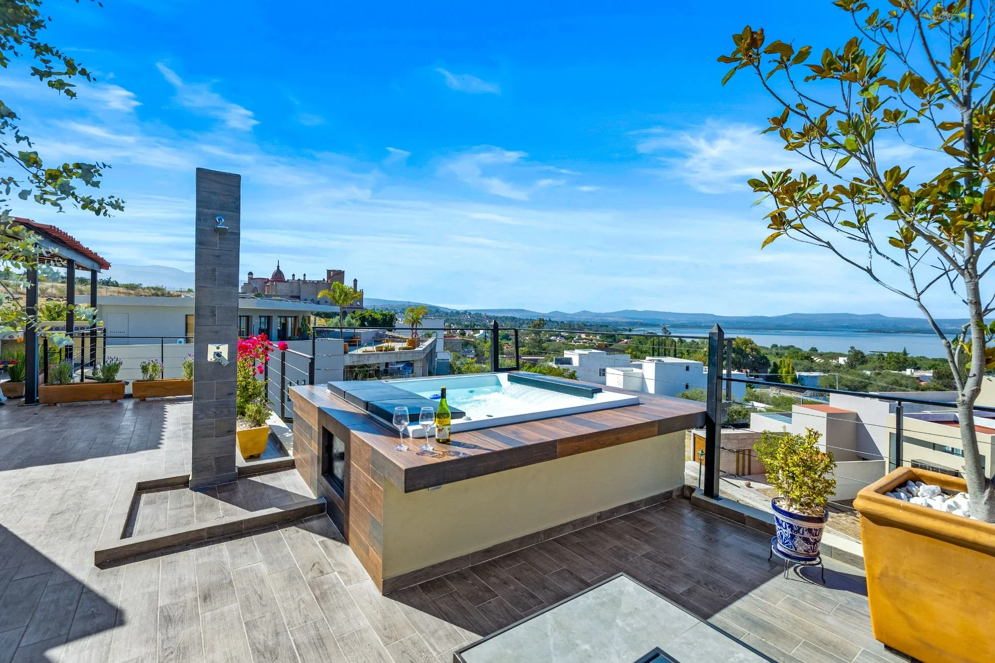 Modern home balcony with hot tub and view of the Presa in San Miguel de Allende