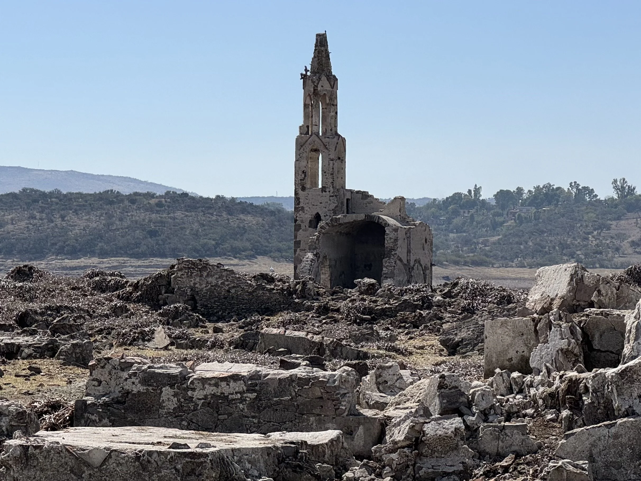 Sunken church ruins at Presa Allende near San Miguel de Allende