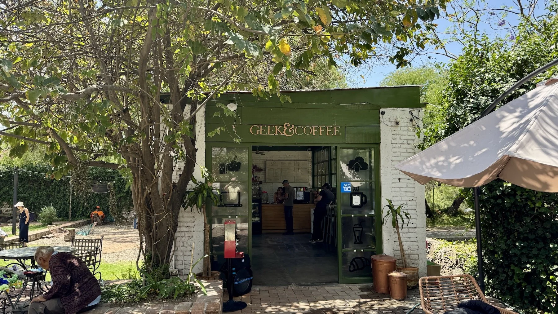 Front entrance and garden area at Geek & Coffee in the Guadalupe neighborhood of San Miguel de Allende.