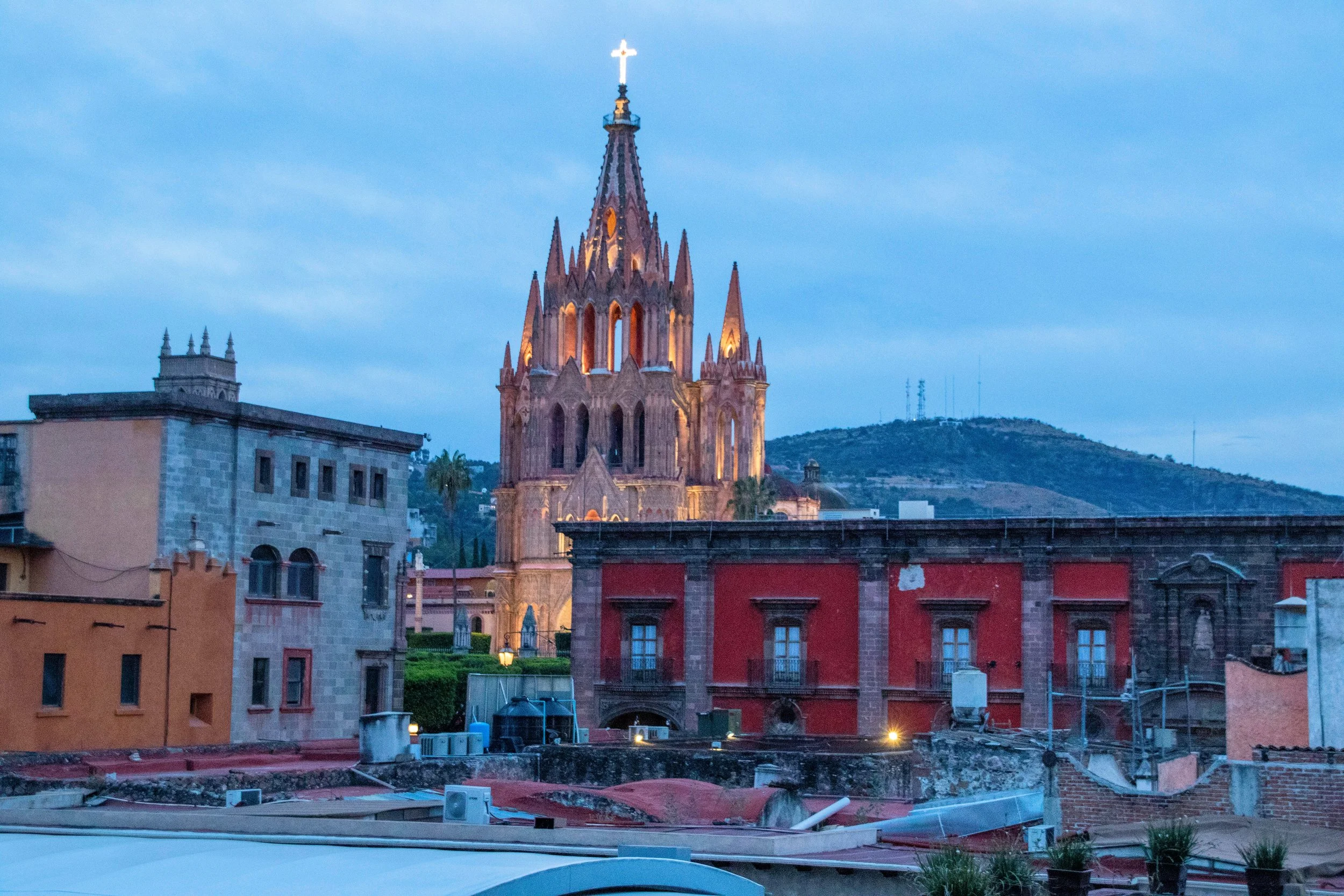 Parroquia rising above historic buildings in San Miguel de Allende