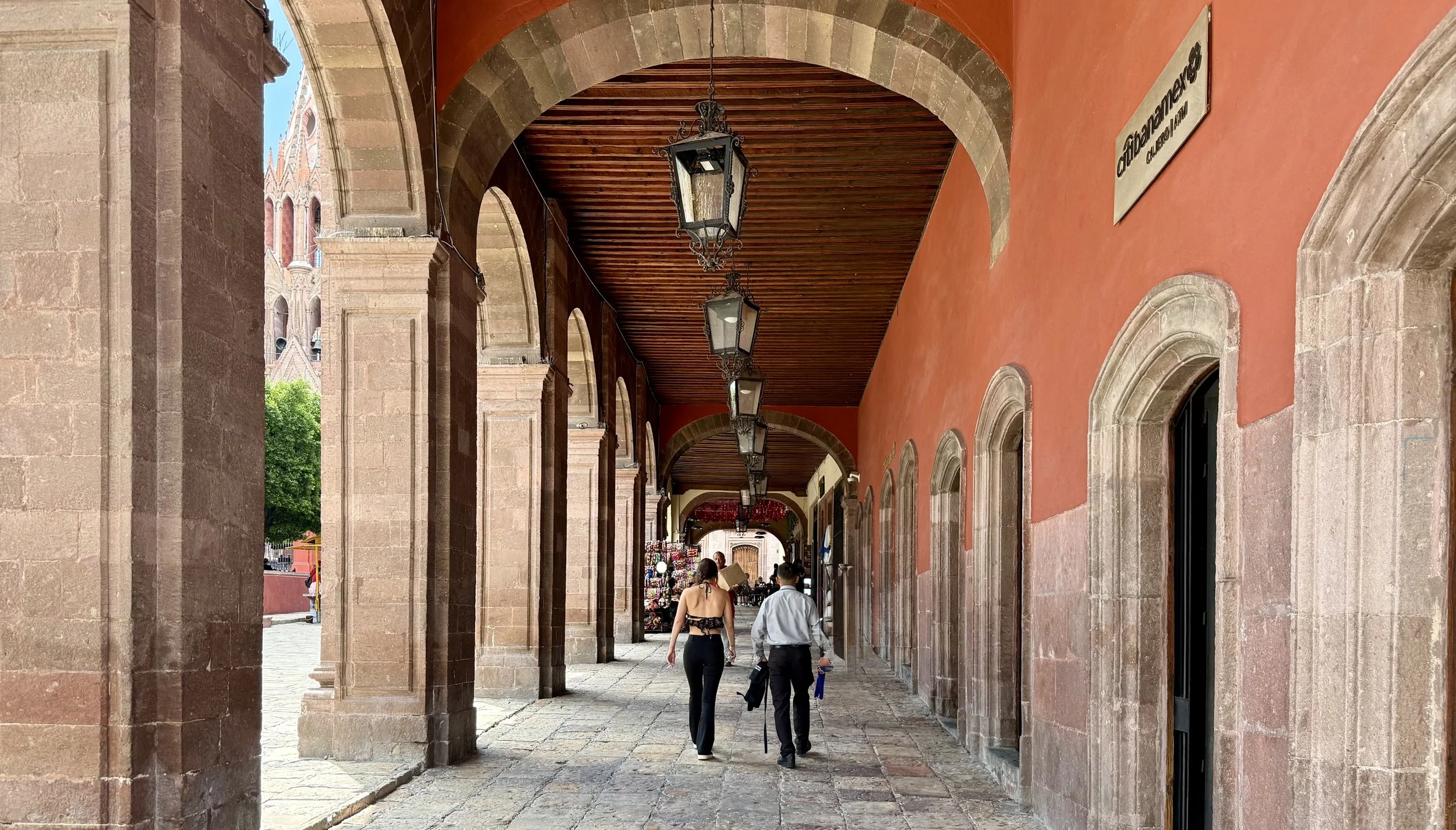 covered walkway along the Jardín in San Miguel de Allende