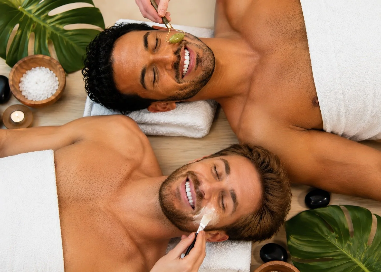 Two men relaxing during spa treatments at a wellness center in San Miguel de Allende.