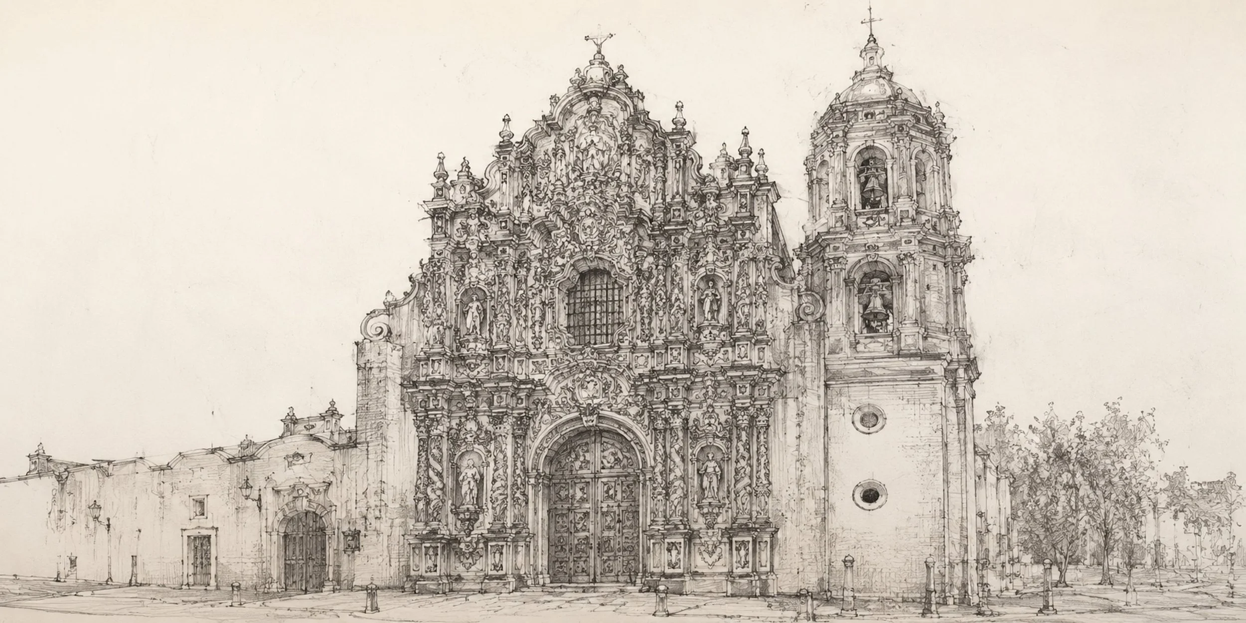 Churrigueresque: Sketch of a Churrigueresque church façade with twisting columns and intricate stone carvings.
