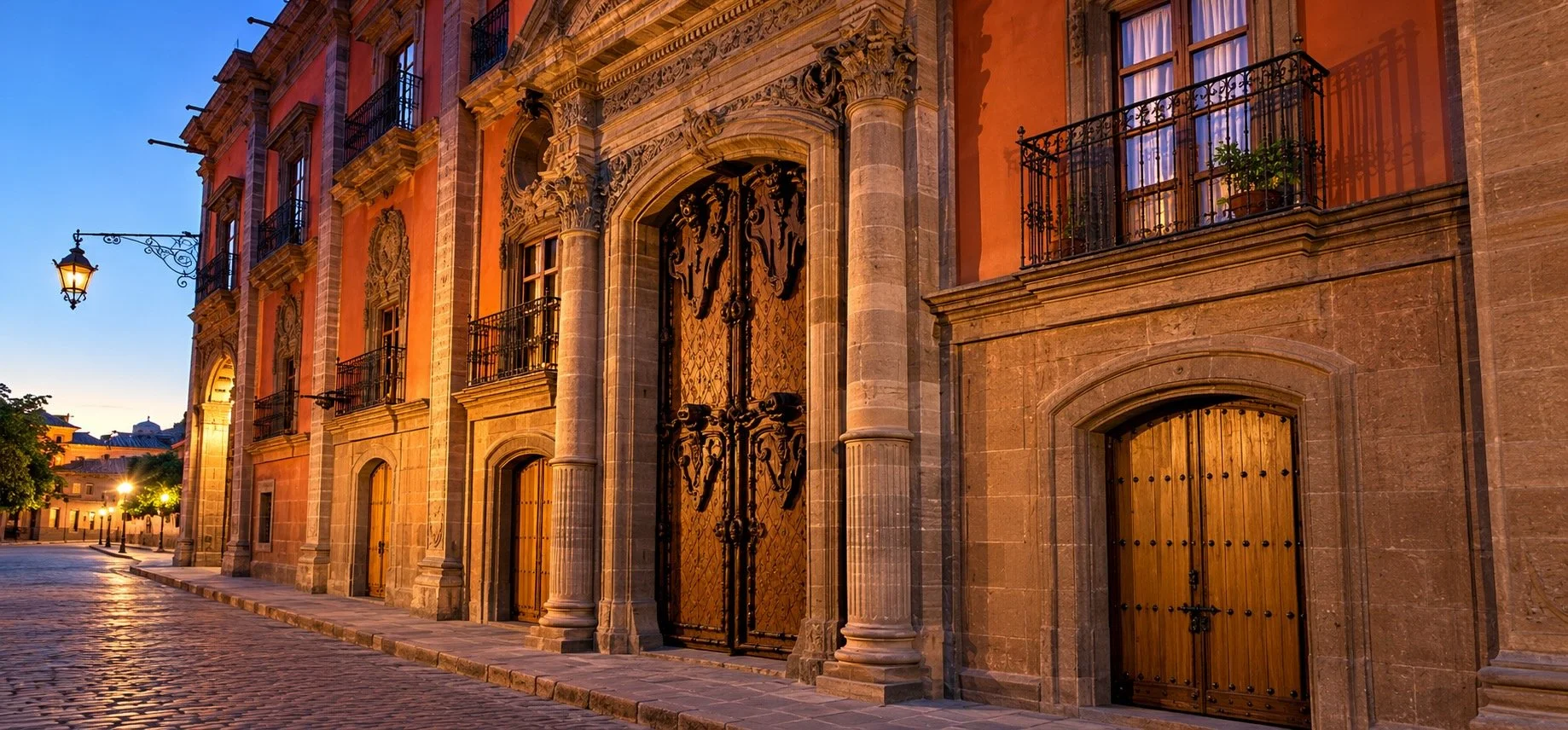 The Casa del Mayorazgo de la Canal illuminated at dusk in Centro Histórico, San Miguel de Allende.