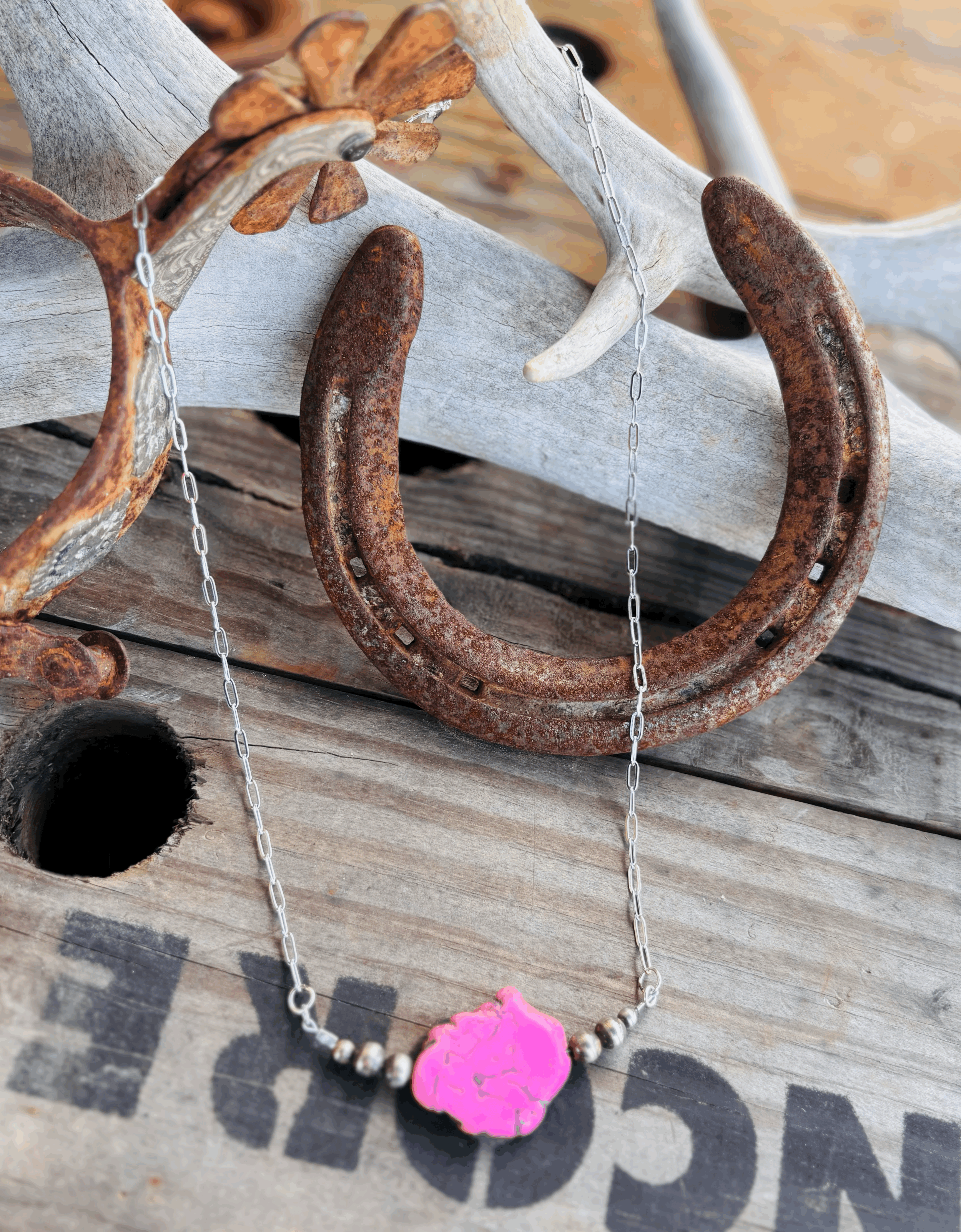 Pink stone with 6mm's sterling silver beads and stainless steel paperclip chain