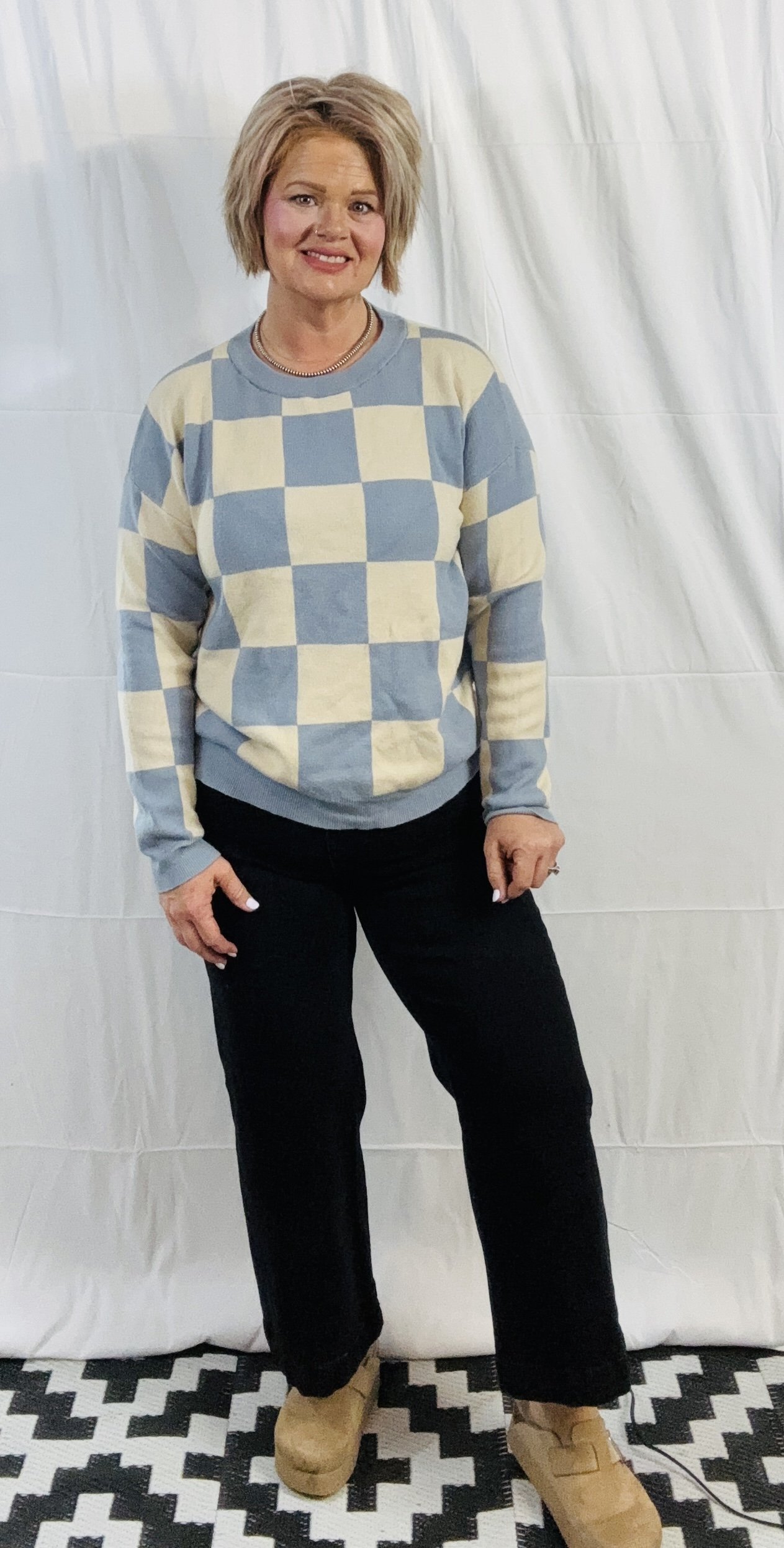 Blue and White Checkered Sweater- XL