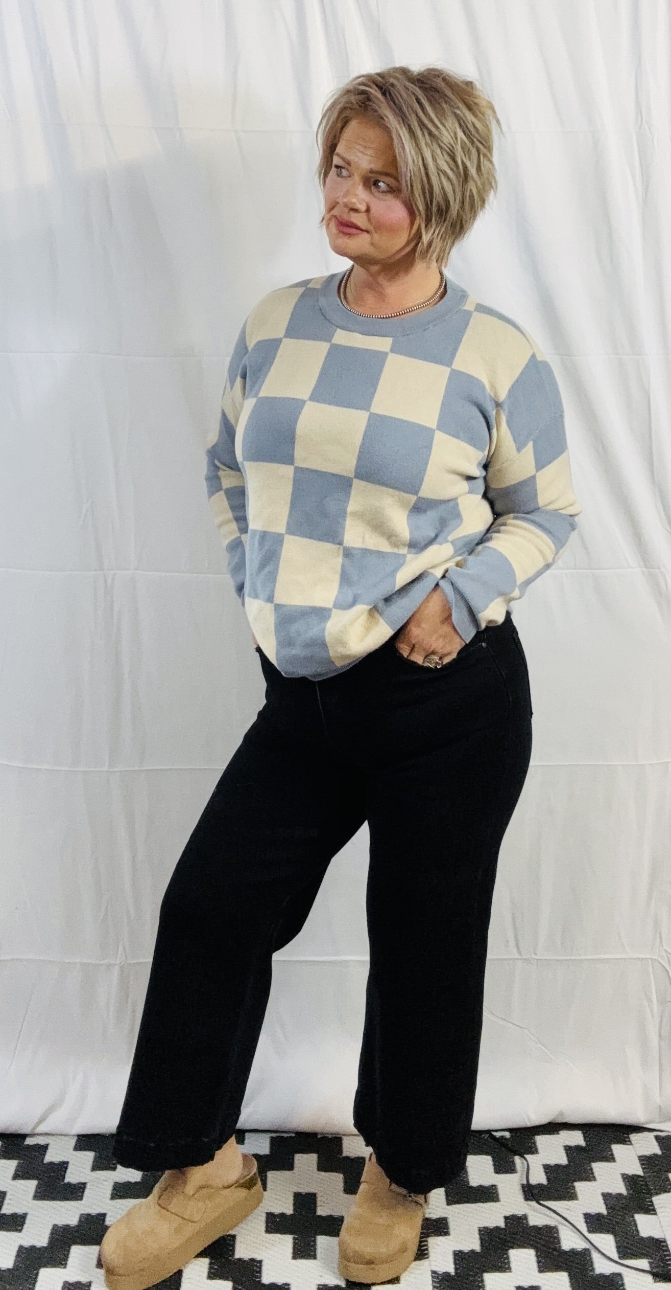 White and Blue Checkered Sweater- Large