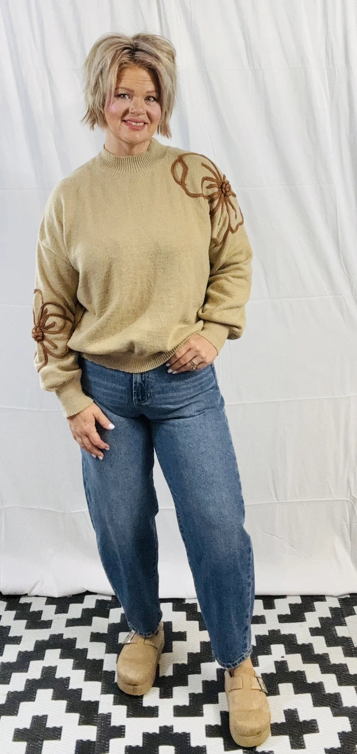 Taupe Sweater with brown flowers- Large