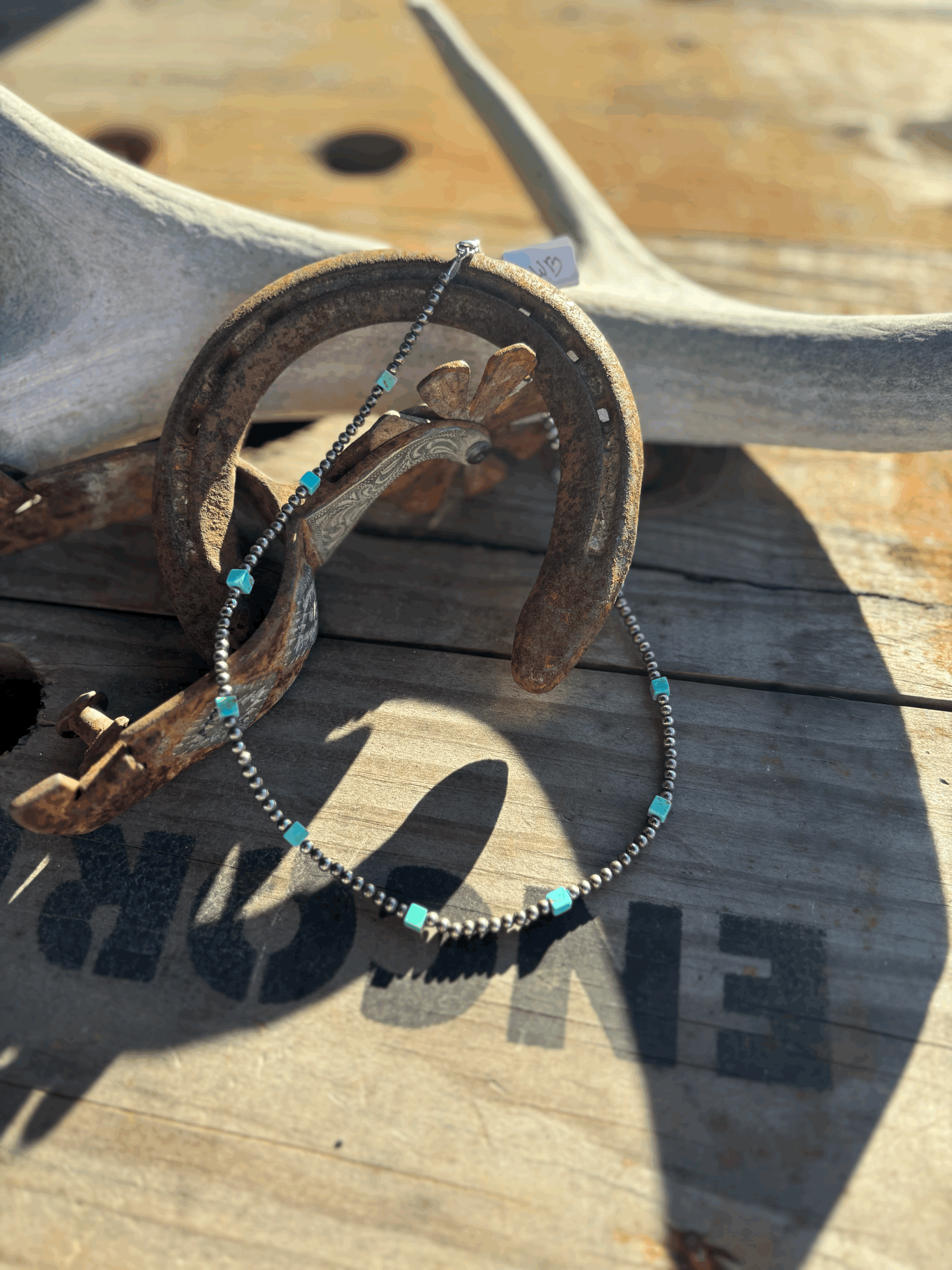 16 inches long 3mm pearls with turquoise cubes