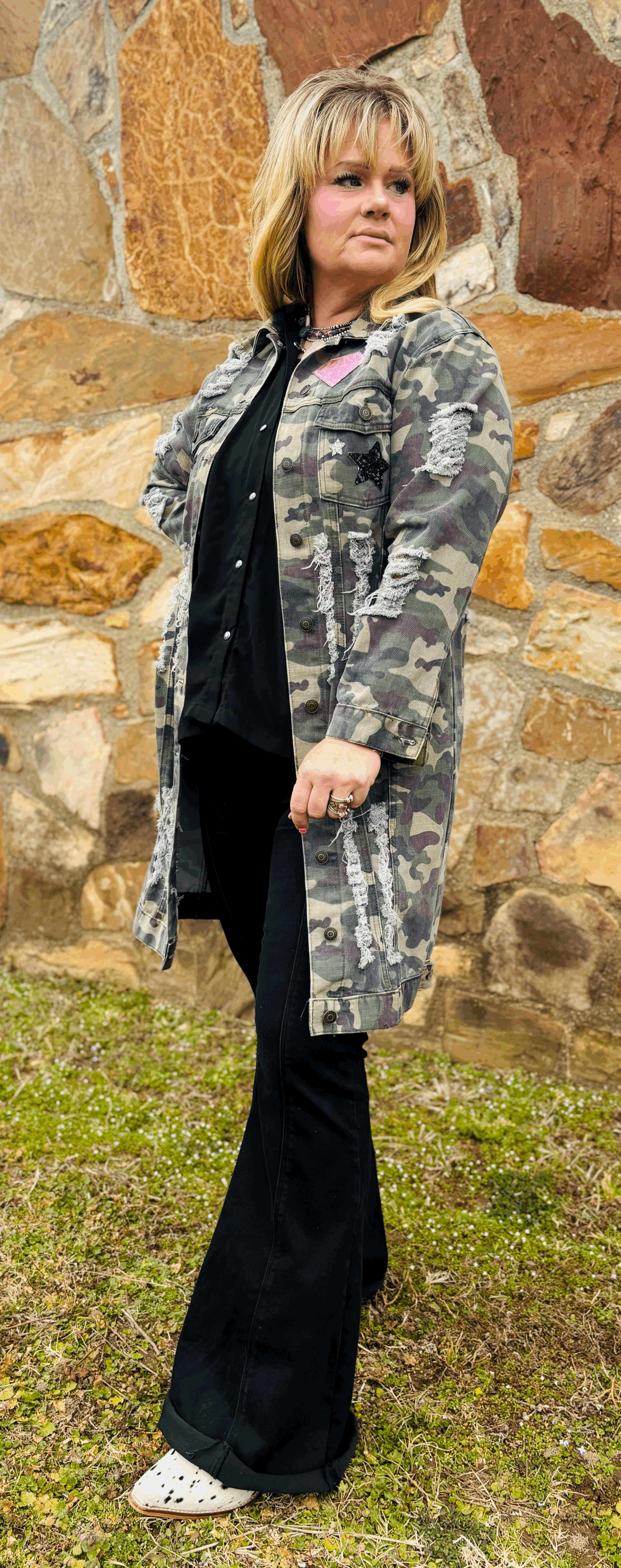 Long Distressed Camo Jacket