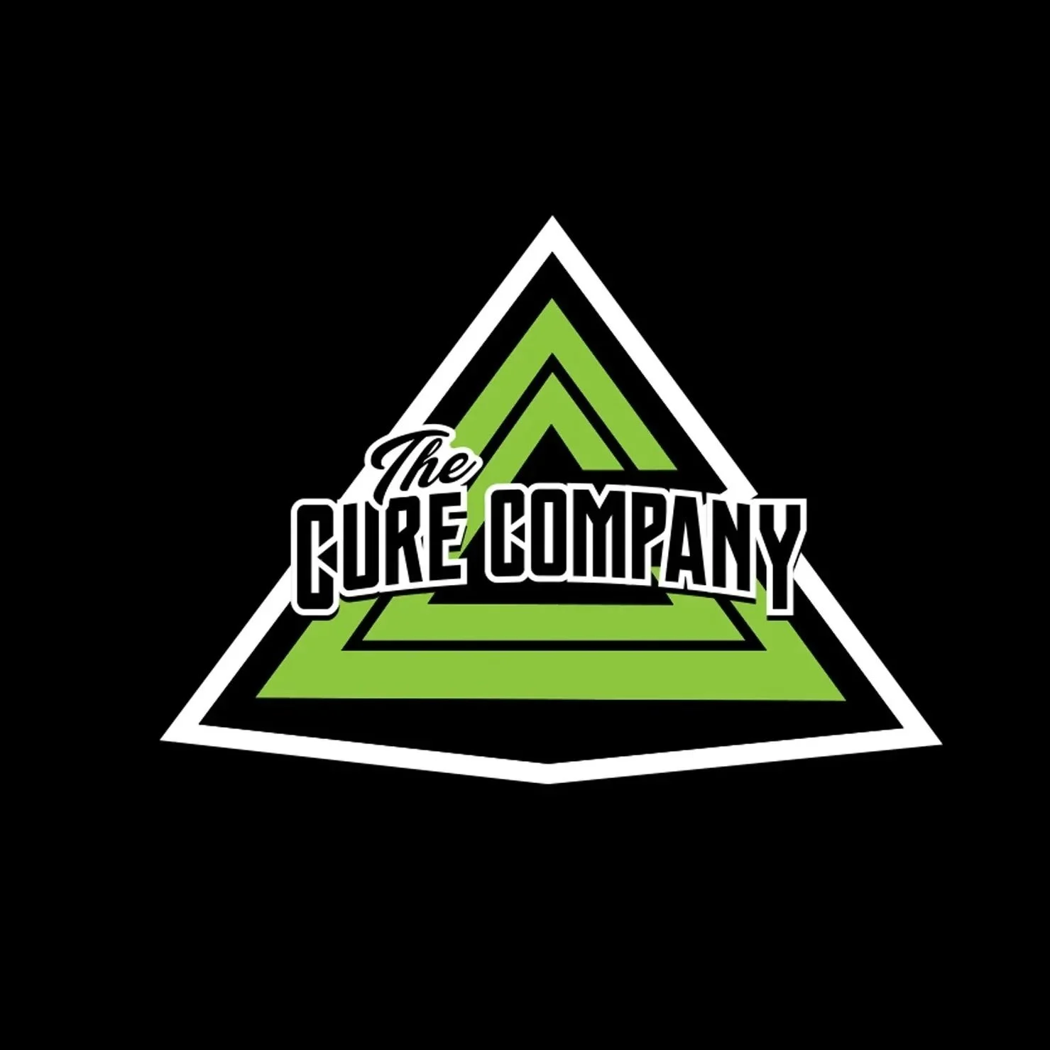 Logo of The Cure Company featuring a green and white triangular design on a black background.