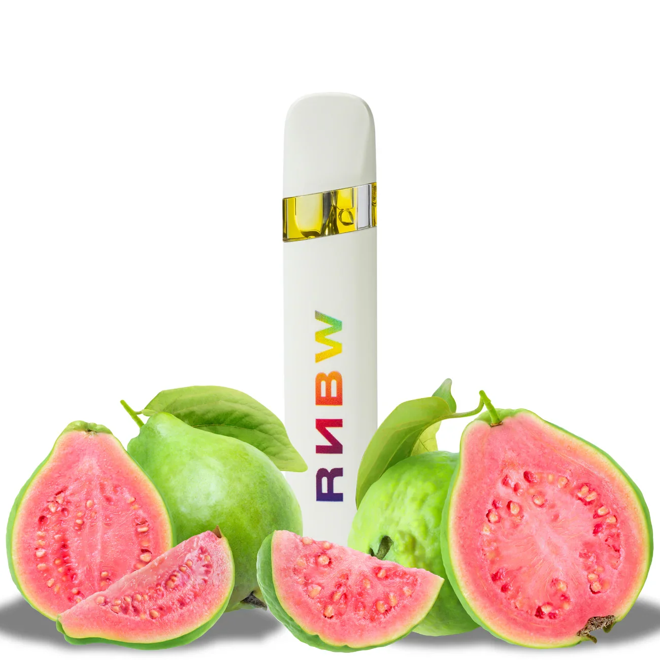 A vape pen with the brand "RB1VW" written on it, surrounded by guava fruit including whole guavas and sliced pieces showing pink flesh and seeds.