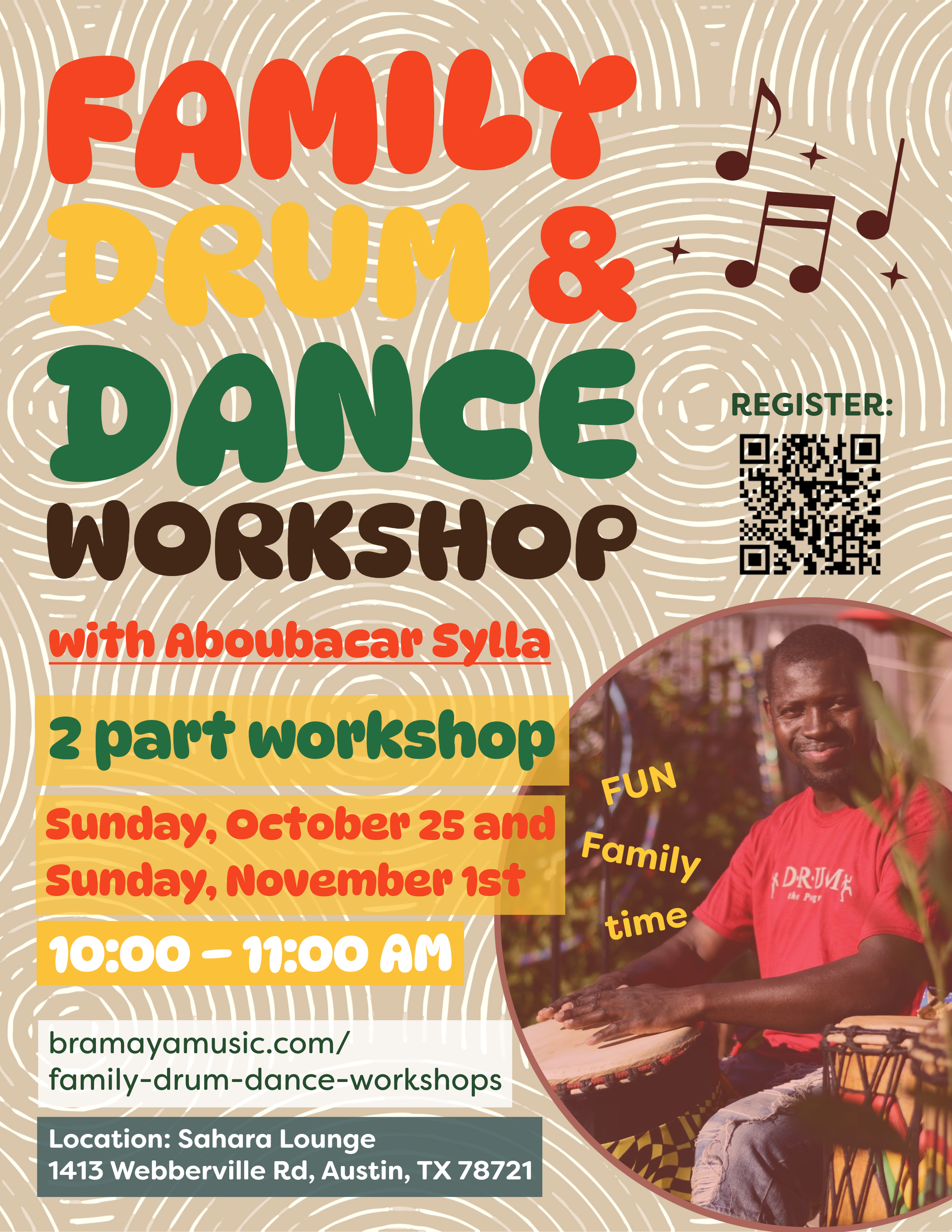 Family drum and dance workshop with Aboubacar Sylla in Austin, TX.