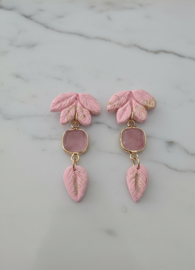 Pink Feathered Jem Stone Drop Earrings