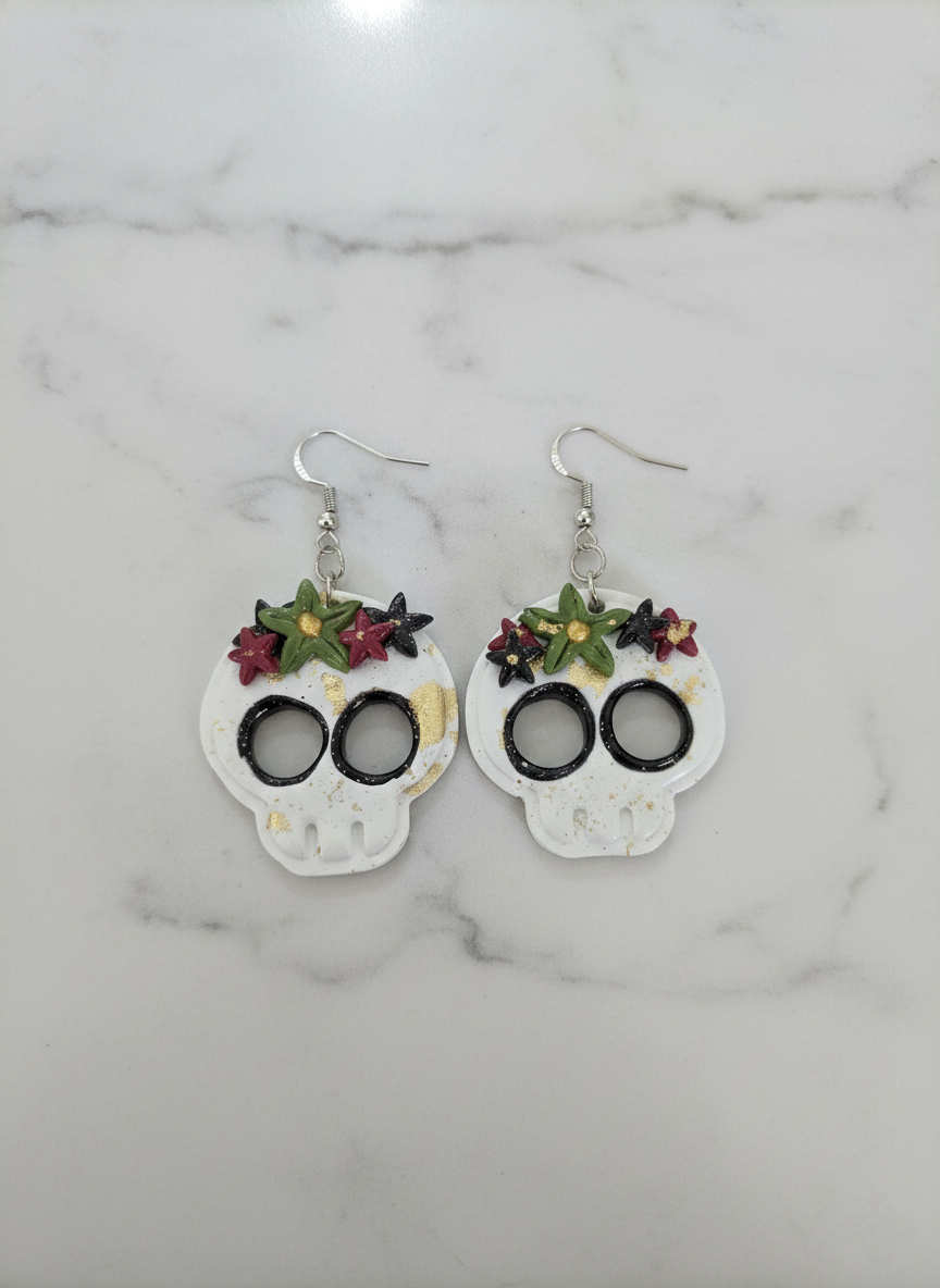 Floral Skull Drop Earrings