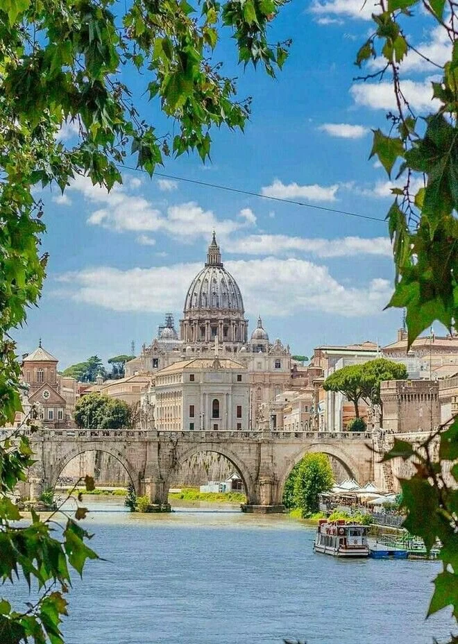 view of St. Peter's Basilica and Rome's skyline in Rome, Italy