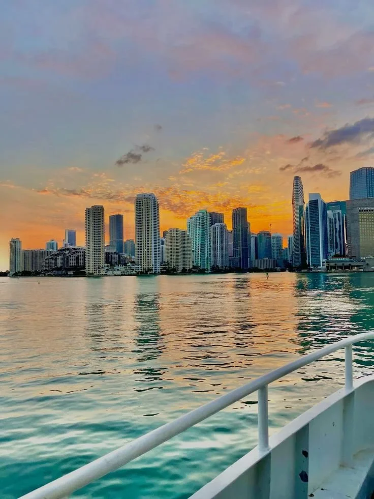 Miami skyline at sunset from the bay aesthetic photo