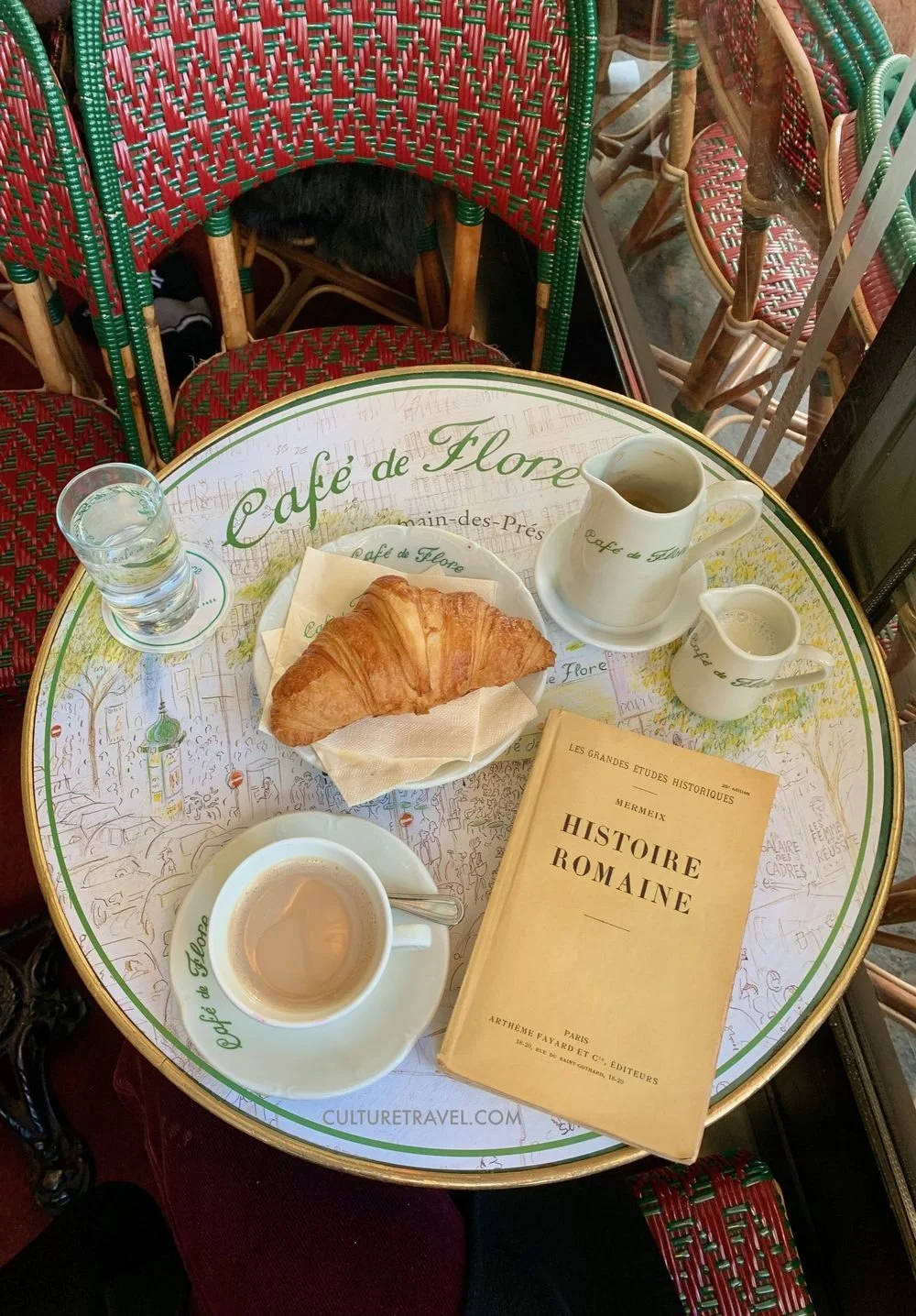 A round table at Café de Flore with a croissant on a napkin, a cup of coffee, a glass of water, a white pitcher, and a small creamer, along with a book titled 'Histoire Romaine' by Mermex.