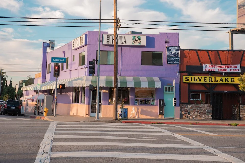 Cafe Tropical in Silver Lake Los Angeles, California outside purple
