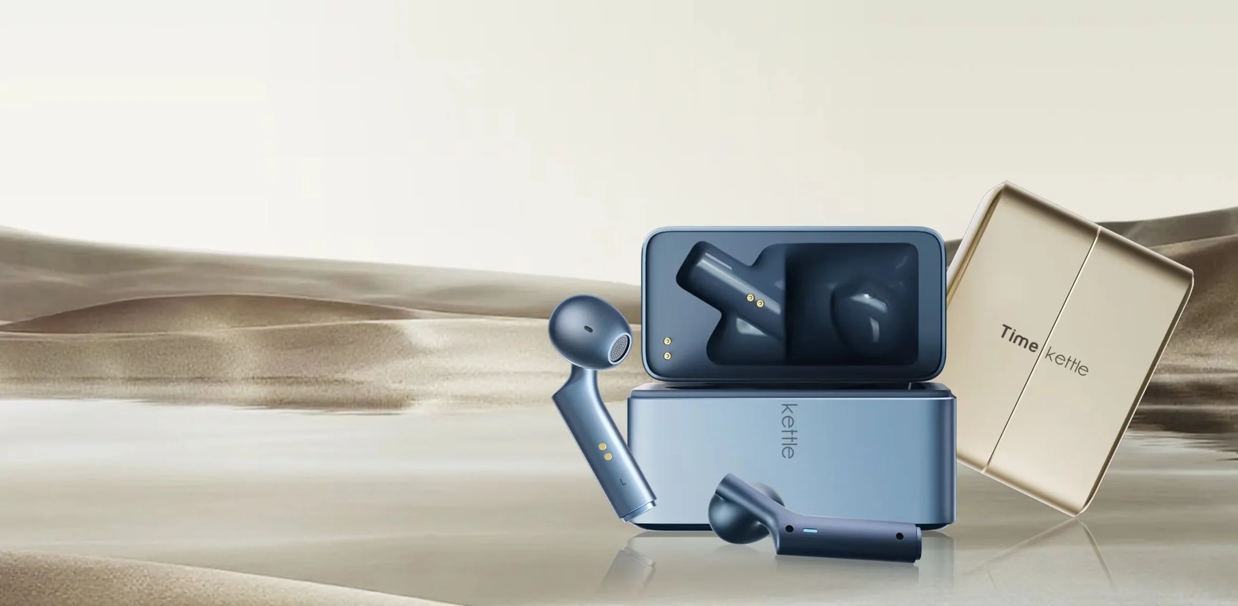 A set of blue wireless earbuds with a charging case, alongside gold-colored packaging labeled 'Time kettle' in a desert landscape.