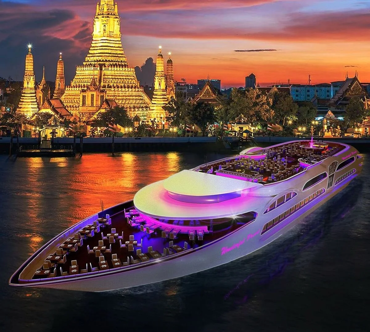 A large illuminated luxury cruise boat with purple lighting on the water at sunset, with a historic temple complex in the background.
