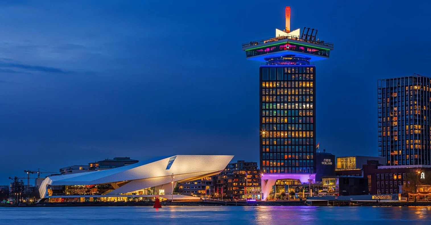 far away view of A'DAM Lookout at night in Amsterdam, Netherlands
