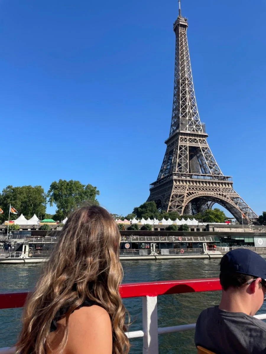 Eiffel Tower view from Seine River Cruise in Paris, France