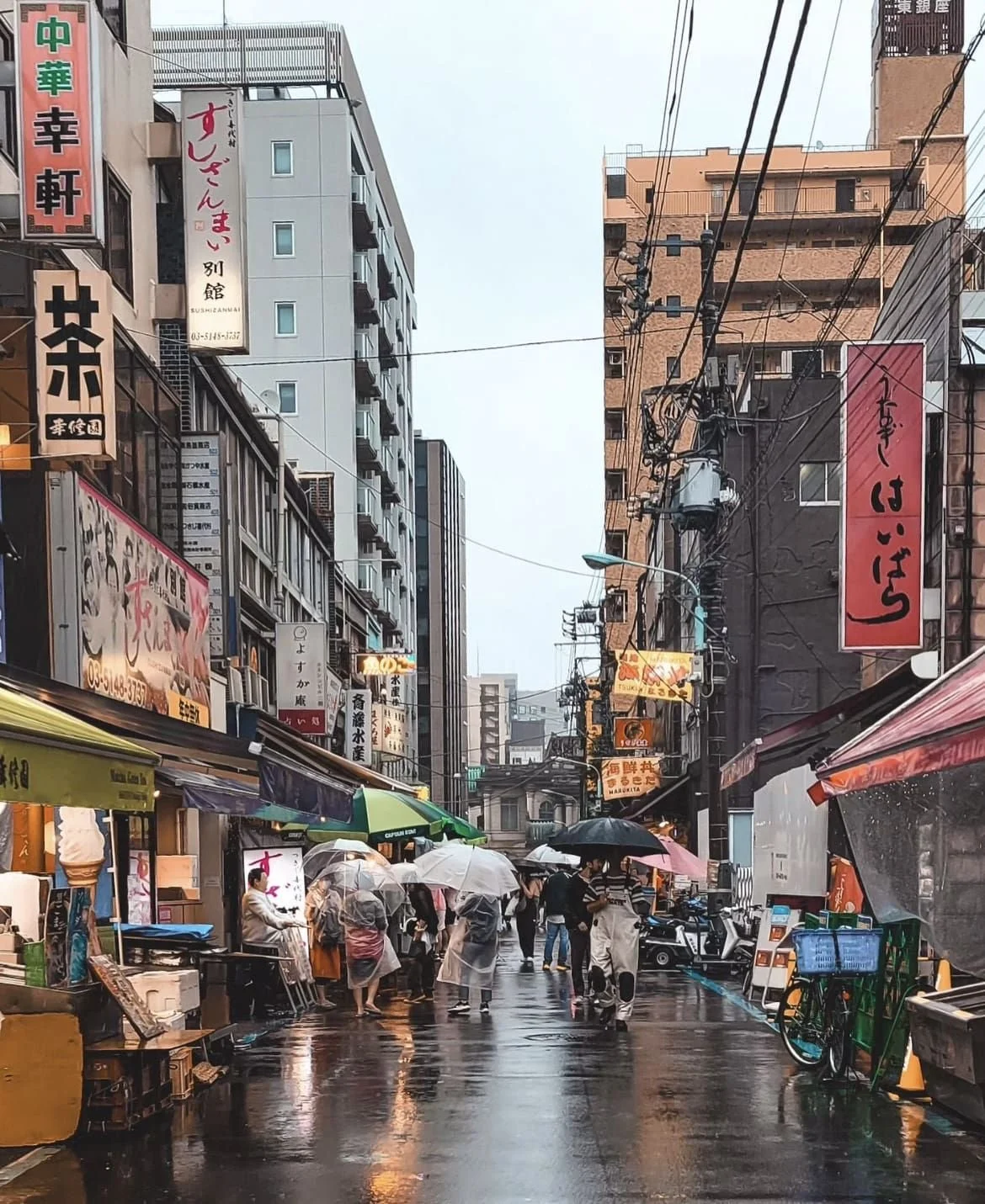 rainy day at tsukiji fish market in tokyo, japan