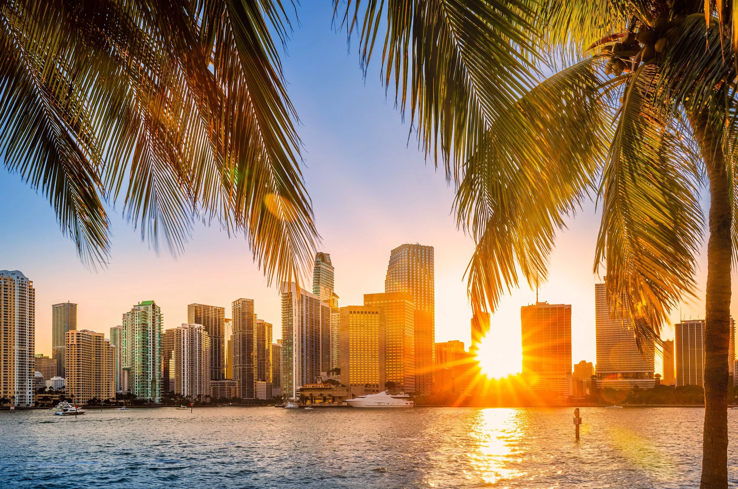 Sunset behind Miami skyline aesthetic beach and city