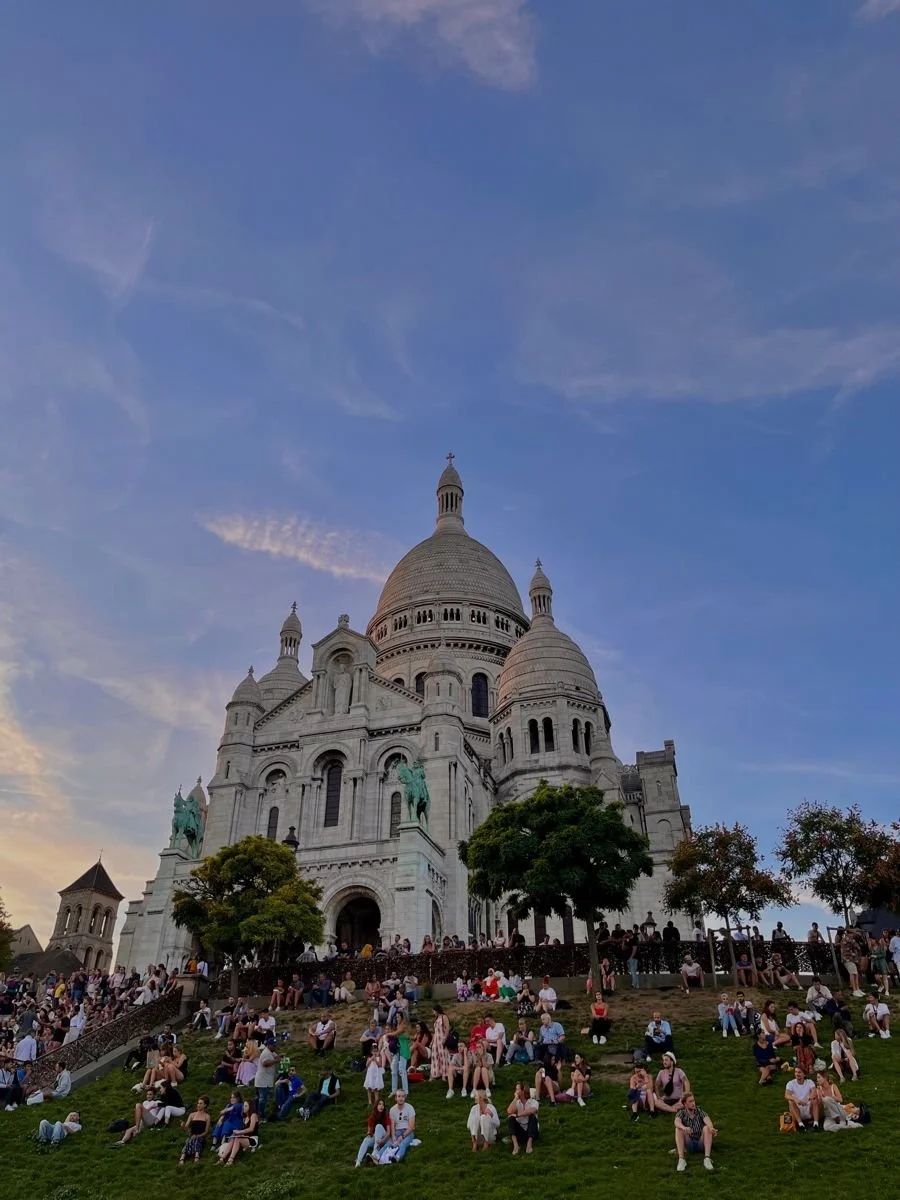 Sundown at Sacre-Couer Basilica cinematic aesthetic Paris, France