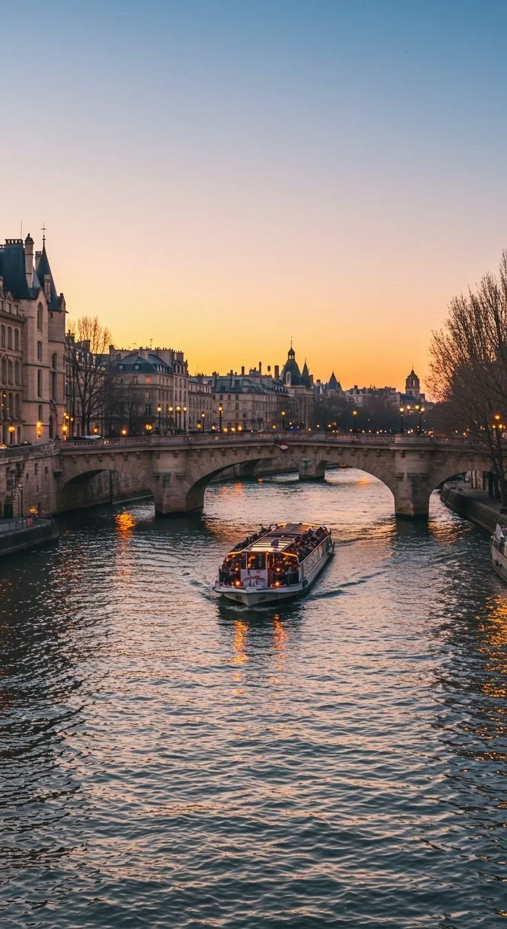 Seine river cruise at sunset in Paris, France