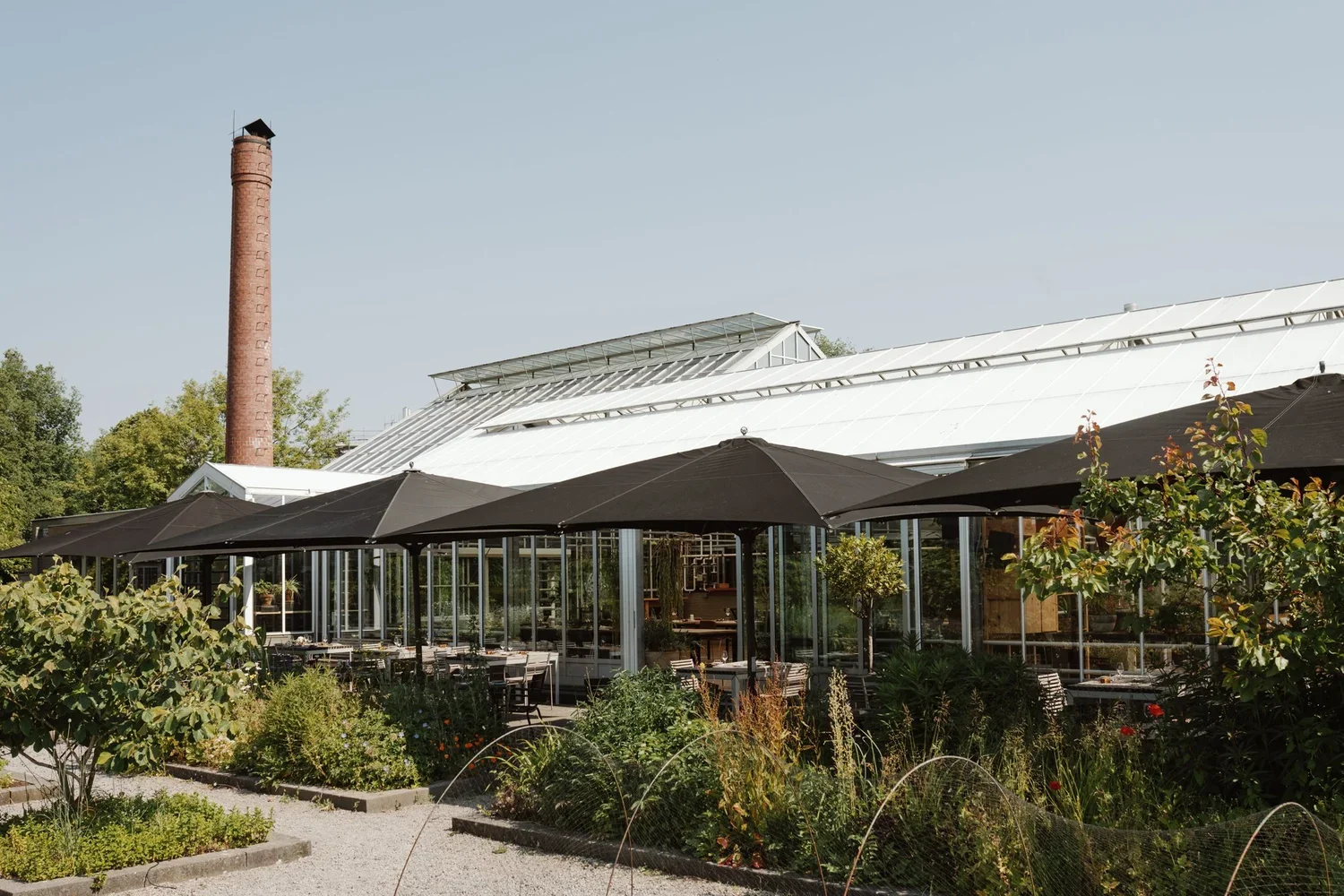 Outside of De Kas greenhouse turned restaurant in Amsterdam, Netherlands