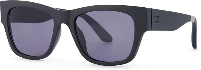 Black sunglasses with purple-tinted lenses.