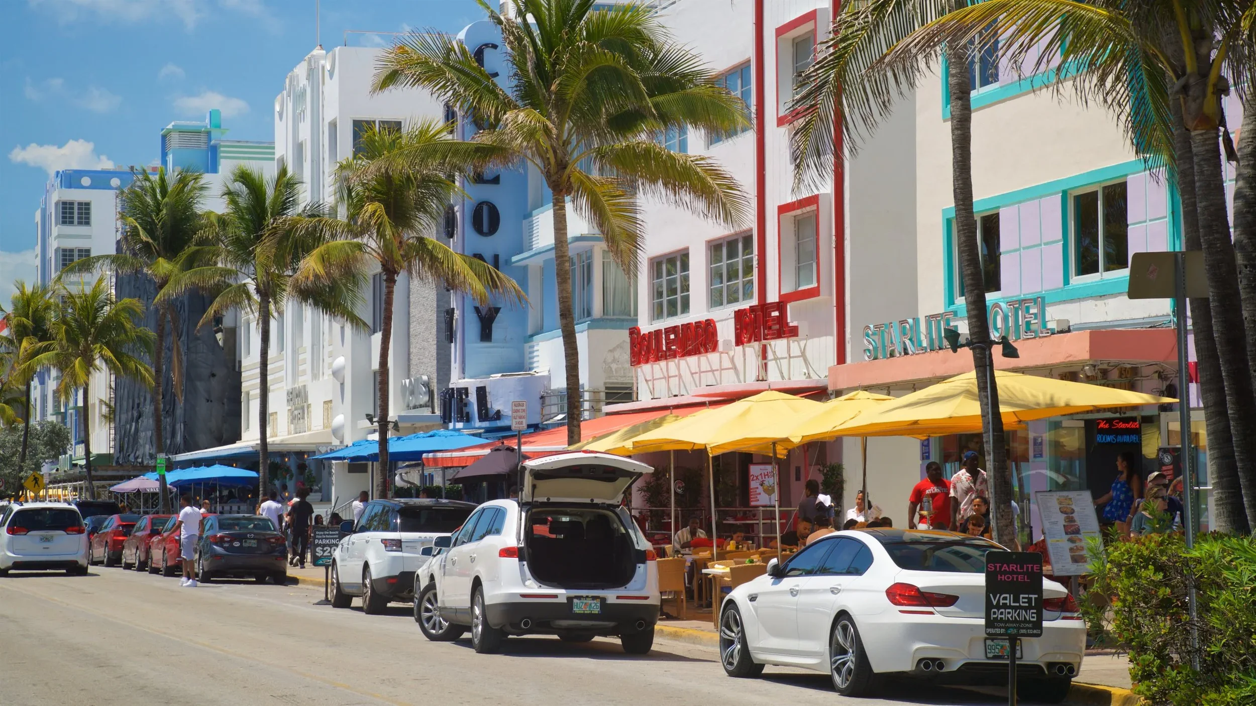 Ocean Drive street pastel colors of Cuban style buildings in Miami, Florida