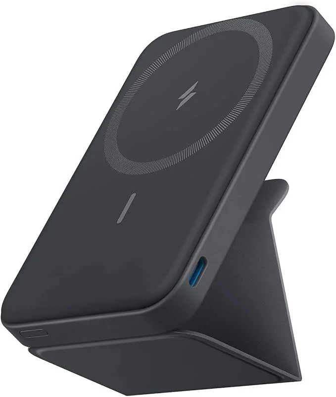A black wireless charging stand with a circular charging pad and a lightning bolt logo in the center.