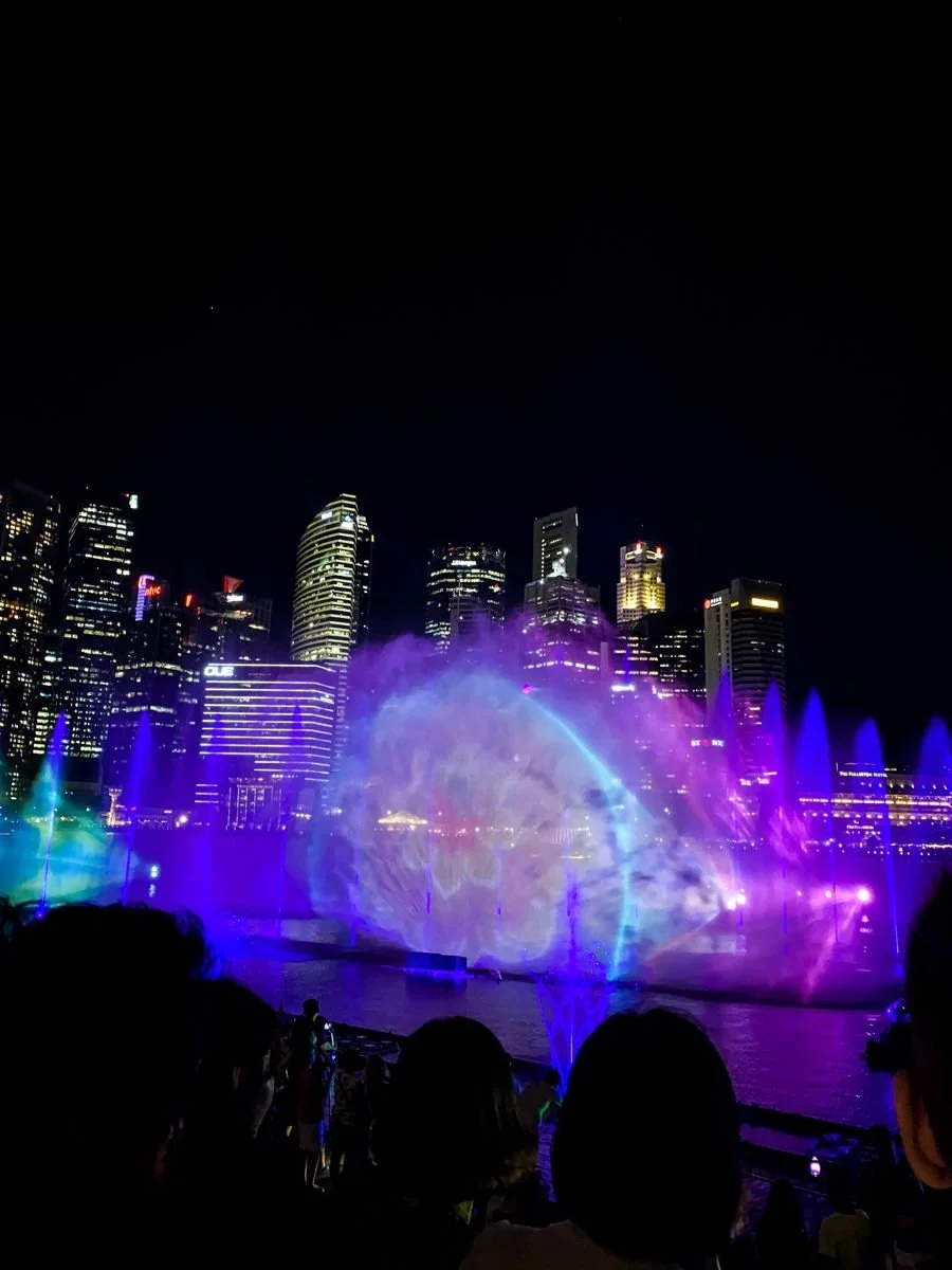 Marina Bay Sands light show with Singapore's skyline in the background