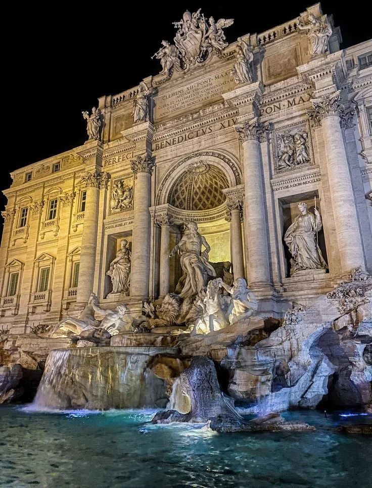 Trevi Fountain at night aesthetic cinematic atmosphere in Rome, Italy